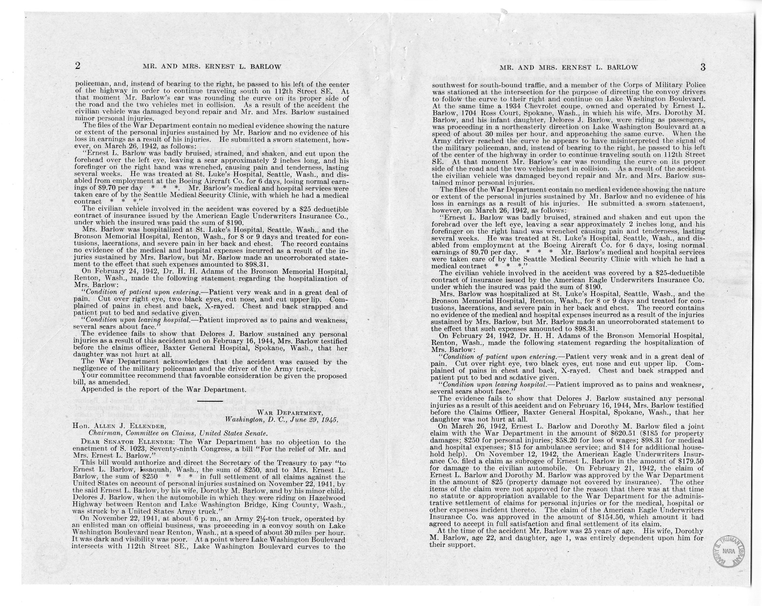 Memorandum from Frederick J. Bailey to M. C. Latta, S. 1023, For the Relief of Mr. and Mrs. Ernest L. Barlow, with Attachments