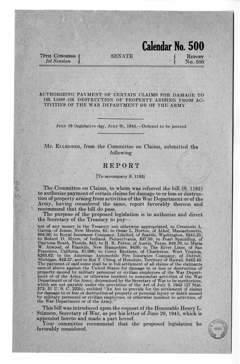 Memorandum from Frederick J. Bailey to M. C. Latta, S. 1183, To Authorize Payment of Certain Claims for Damage to or Loss or Destruction of Property Arising From Activities of the War Department or of the Army, with Attachments