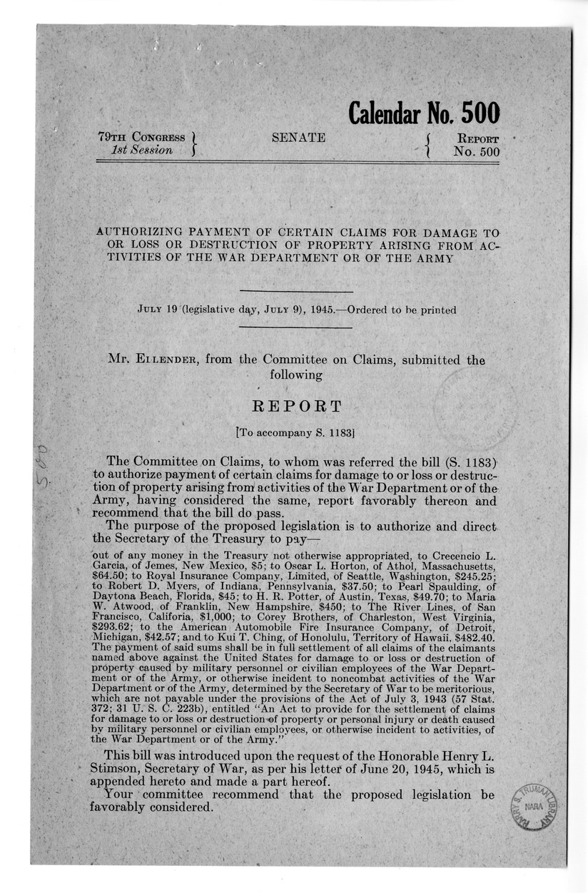 Memorandum from Frederick J. Bailey to M. C. Latta, S. 1183, To Authorize Payment of Certain Claims for Damage to or Loss or Destruction of Property Arising From Activities of the War Department or of the Army, with Attachments