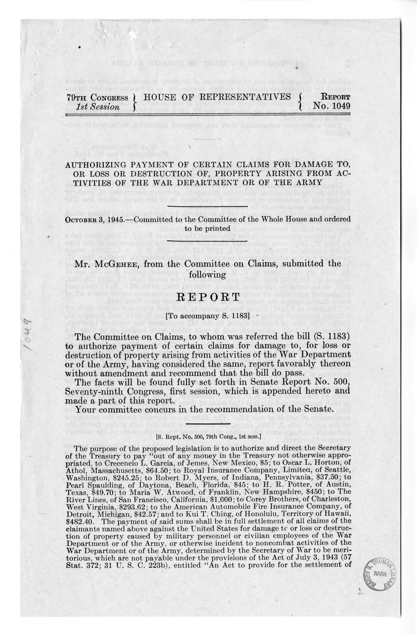 Memorandum from Frederick J. Bailey to M. C. Latta, S. 1183, To Authorize Payment of Certain Claims for Damage to or Loss or Destruction of Property Arising From Activities of the War Department or of the Army, with Attachments