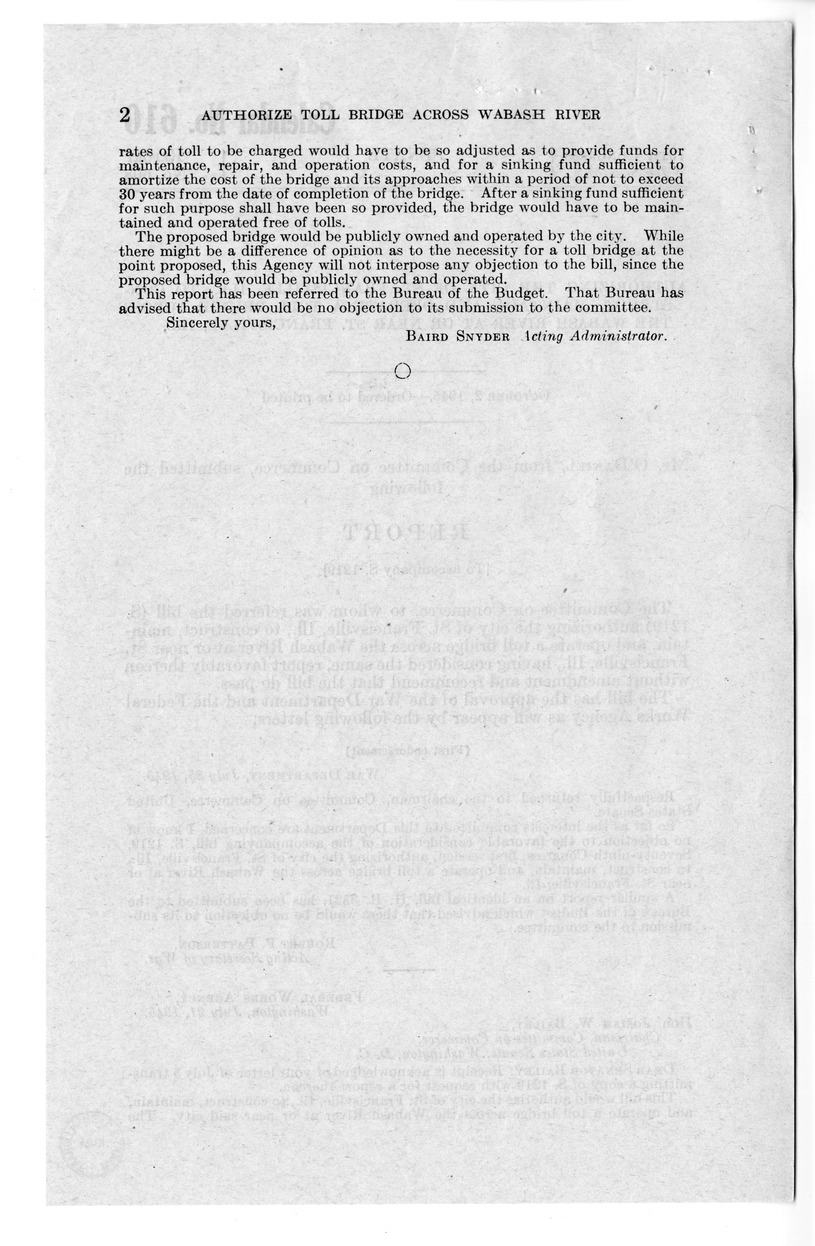 Memorandum from Frederick J. Bailey to M. C. Latta, S. 1219, Authorizing the City of Saint Francisville, Illinois, to Construct, Maintain, and Operate a Toll Bridge Across the Wabash River at or Near Saint Francisville, Illinois, with Attachments