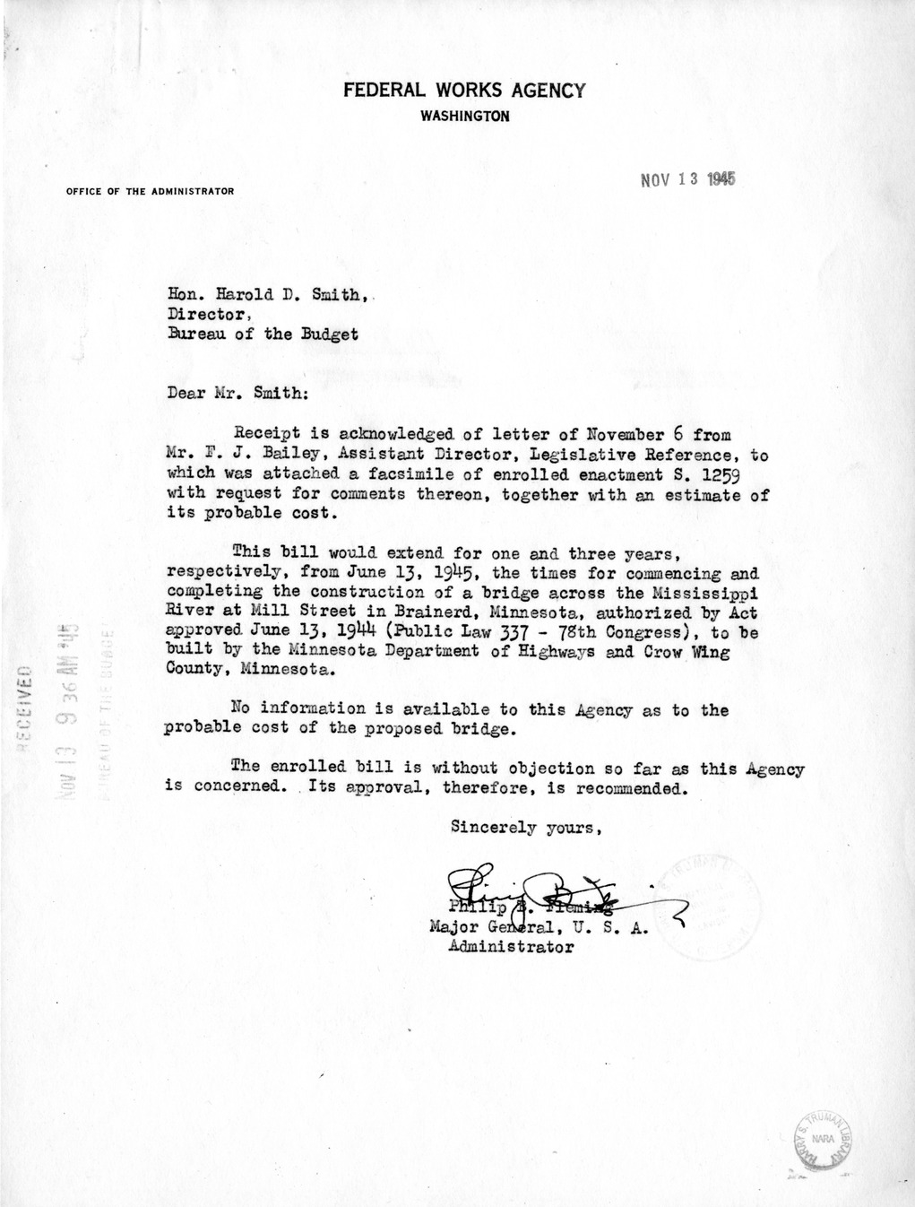 Memorandum from Frederick J. Bailey to M. C. Latta, S. 1259, To Extend the Times for Commencing and Completing the Construction of a Bridge Across the Mississippi River at Mill Street in Brainerd, Minnesota, with Attachments