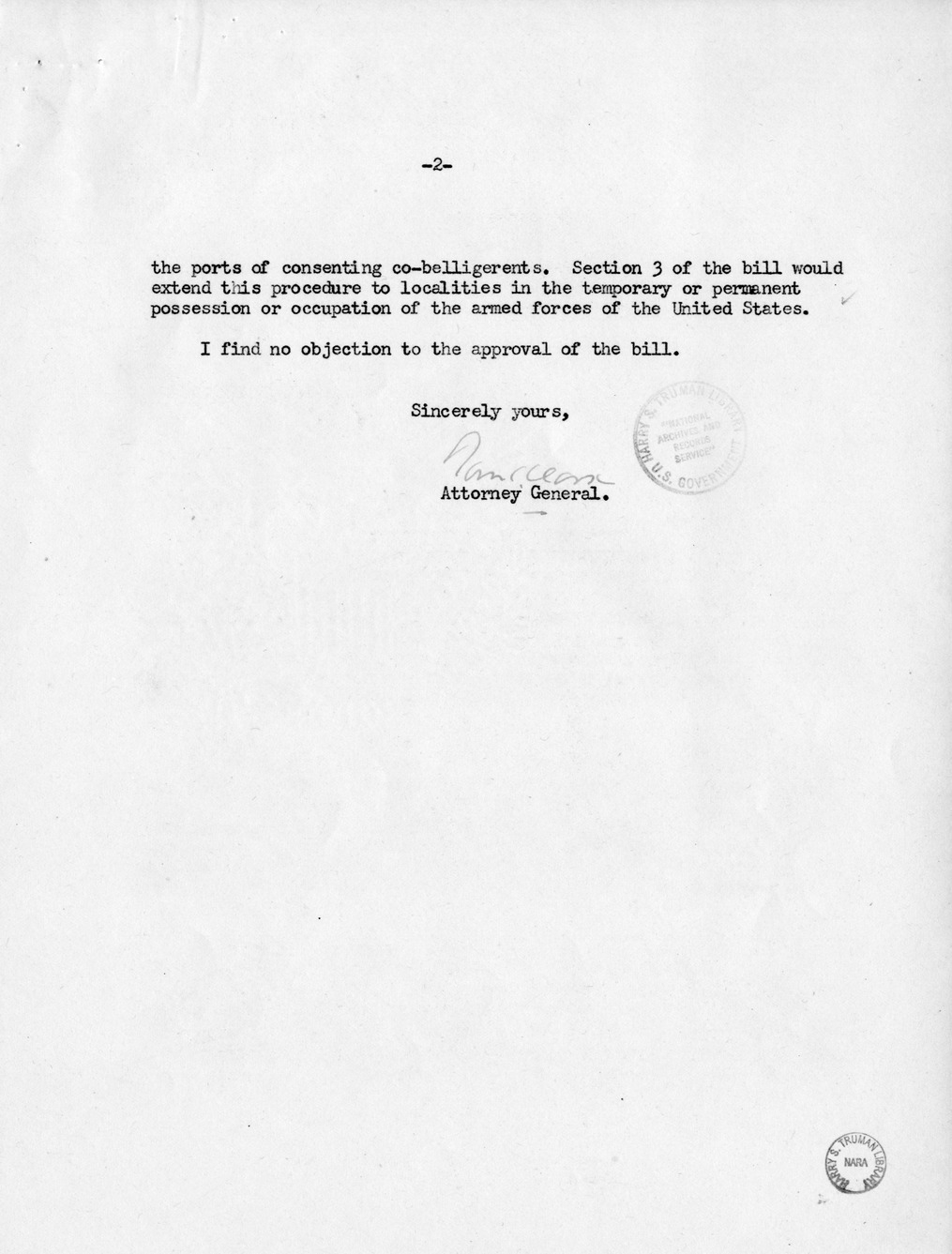 Memorandum from Frederick J. Bailey to M. C. Latta, S. 1420, To Facilitate Further the Disposition of Prizes Captured by the United States, and for Other Purposes, with Attachments