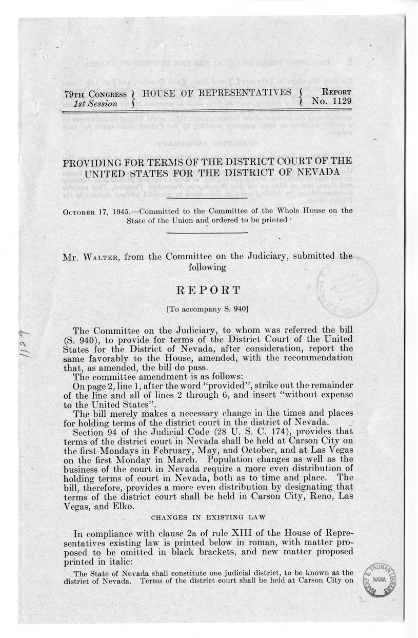 Memorandum from Frederick J. Bailey to M. C. Latta, S. 940, To Provide for Terms of the District Court of the United States for the District of Nevada, with Attachments