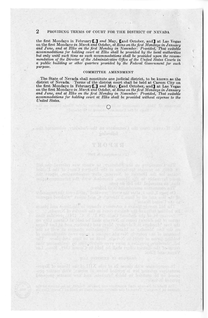 Memorandum from Frederick J. Bailey to M. C. Latta, S. 940, To Provide for Terms of the District Court of the United States for the District of Nevada, with Attachments
