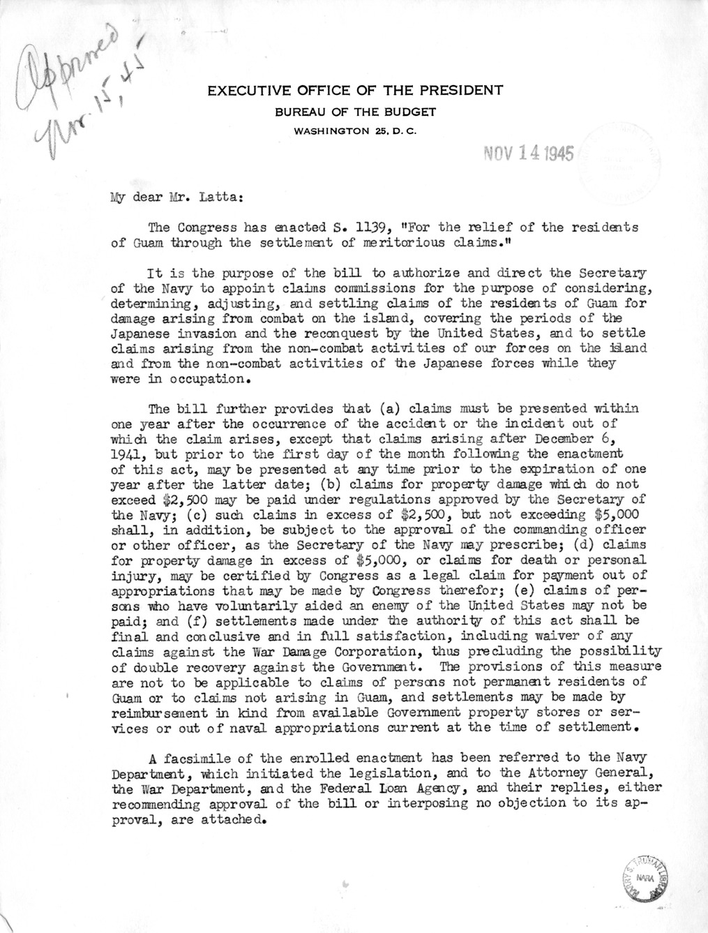 Memorandum from Harold D. Smith to M. C. Latta, S. 1139, For the Relief of the Residents of Guam Through the Settlement of Meritorious Claims, with Attachments