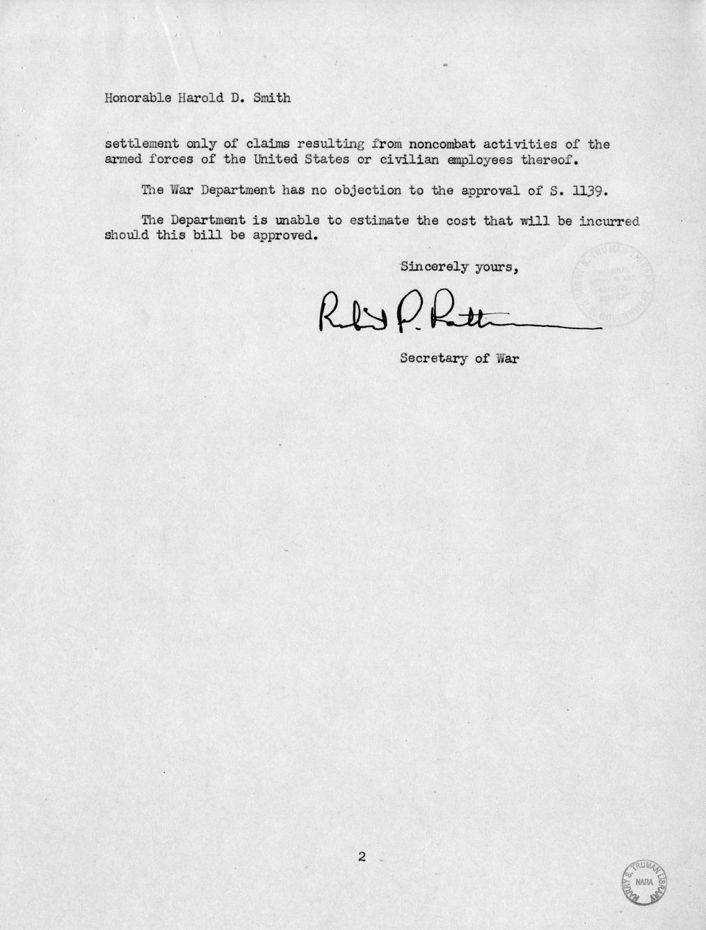 Memorandum from Harold D. Smith to M. C. Latta, S. 1139, For the Relief of the Residents of Guam Through the Settlement of Meritorious Claims, with Attachments