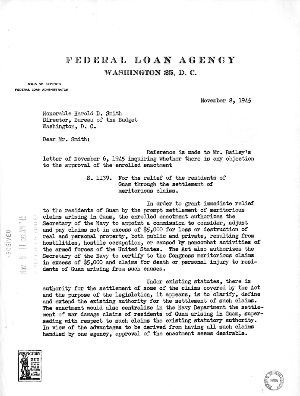 Memorandum from Harold D. Smith to M. C. Latta, S. 1139, For the Relief of the Residents of Guam Through the Settlement of Meritorious Claims, with Attachments