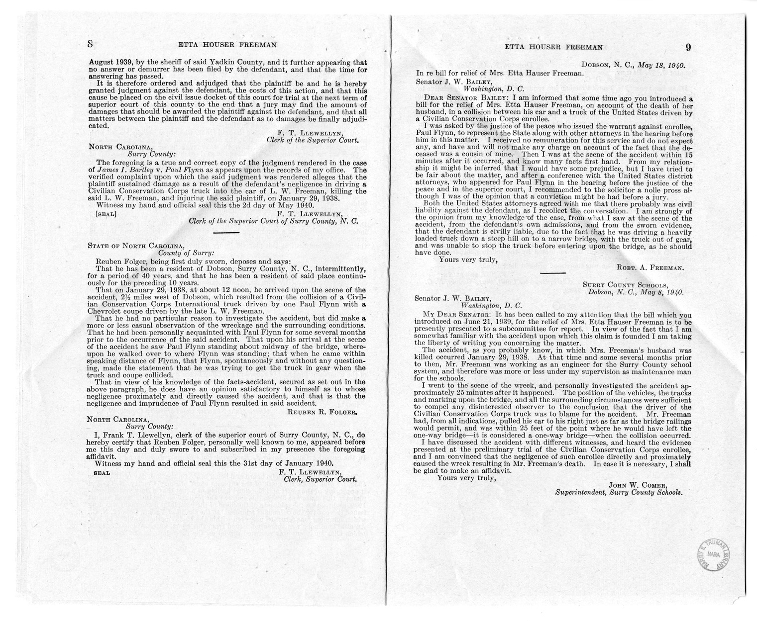 Memorandum from Frederick J. Bailey to M. C. Latta, S. 1199, Conferring Jurisdiction Upon the United States District Court for the Middle District of North Carolina to Hear, Determine, and Render Judgment Upon Any Claim Arising Out of the Death of L. W. Freeman, with Attachments