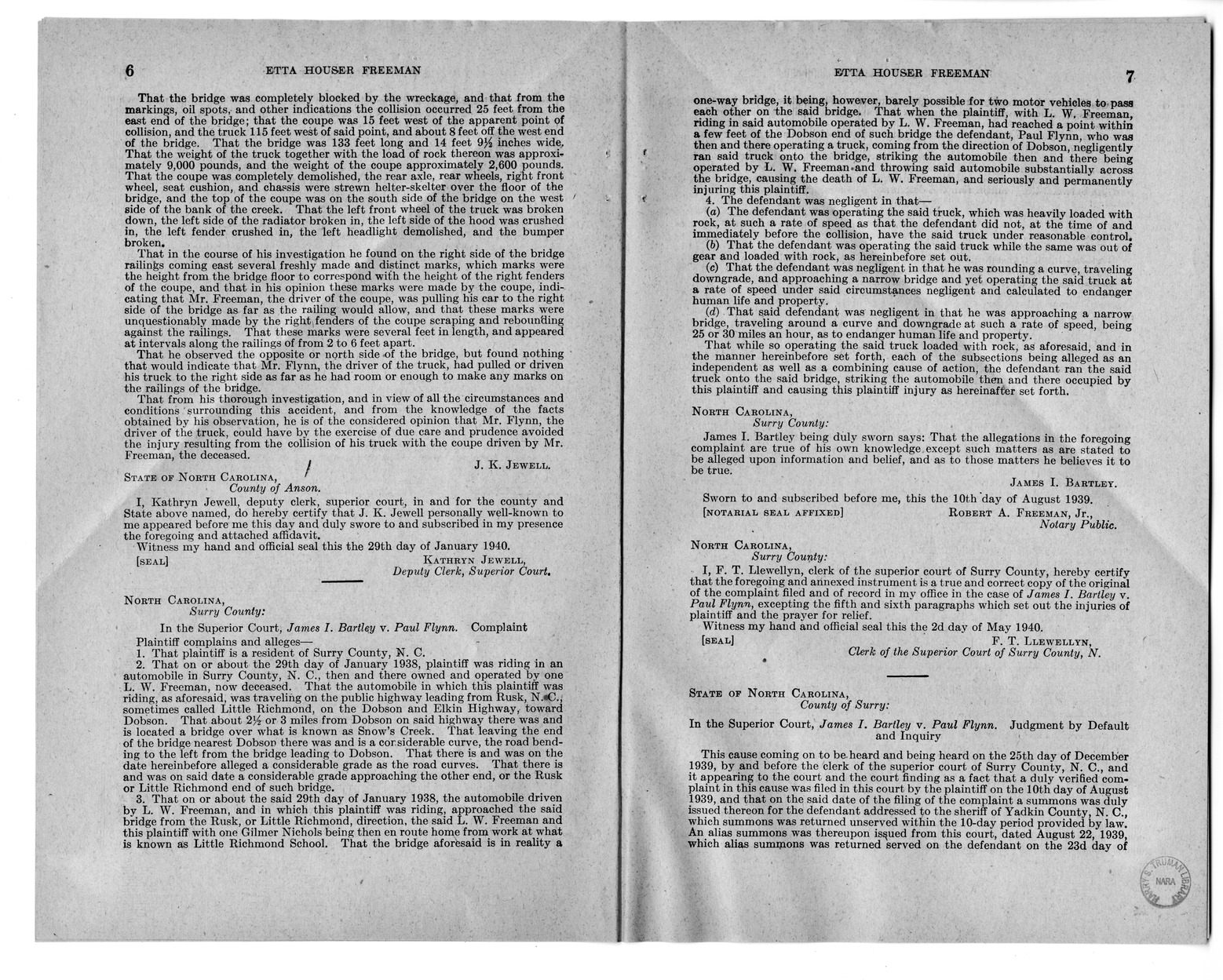 Memorandum from Frederick J. Bailey to M. C. Latta, S. 1199, Conferring Jurisdiction Upon the United States District Court for the Middle District of North Carolina to Hear, Determine, and Render Judgment Upon Any Claim Arising Out of the Death of L. W. Freeman, with Attachments
