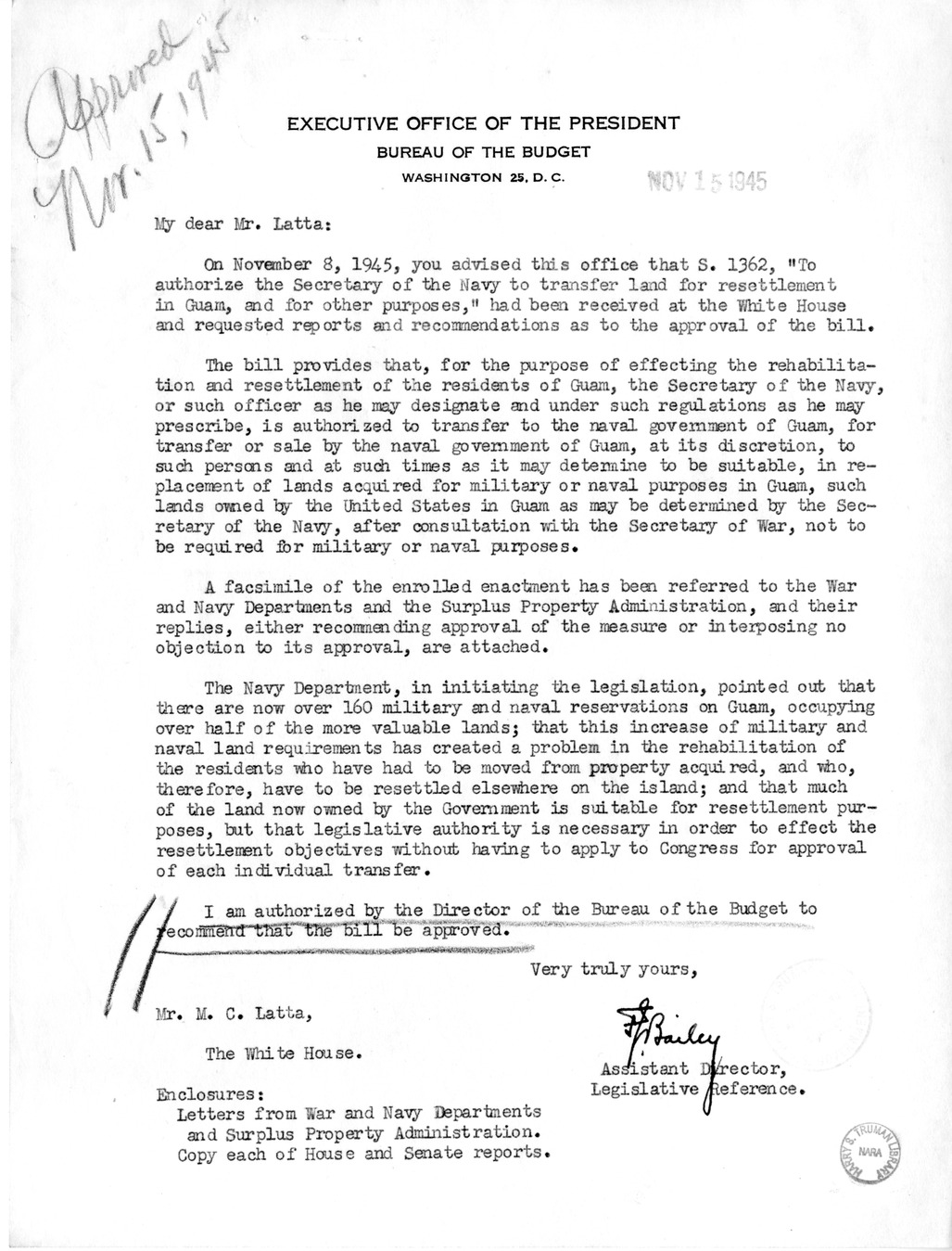 Memorandum from Frederick J. Bailey to M. C. Latta, S. 1362, To Authorize the Secretary of the Navy to Transfer Land for Resettlement in Guam, with Attachments