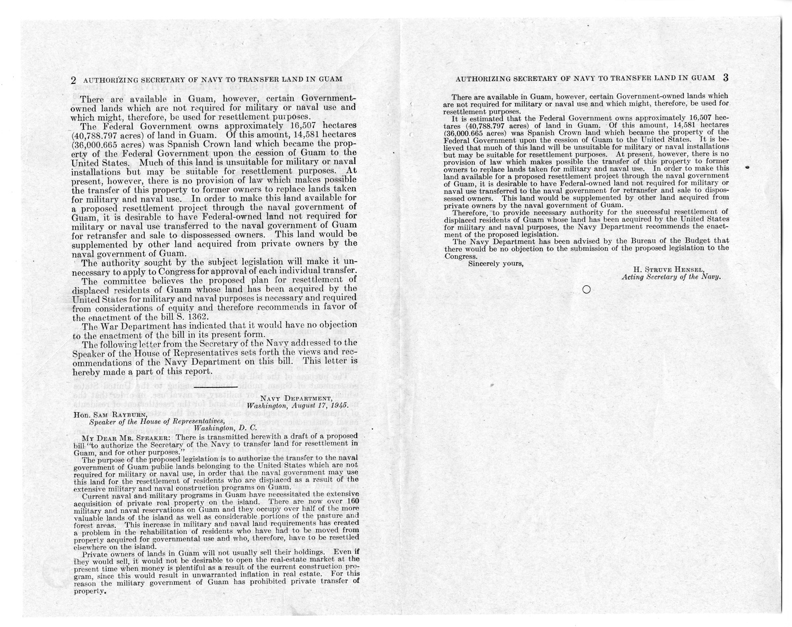 Memorandum from Frederick J. Bailey to M. C. Latta, S. 1362, To Authorize the Secretary of the Navy to Transfer Land for Resettlement in Guam, with Attachments