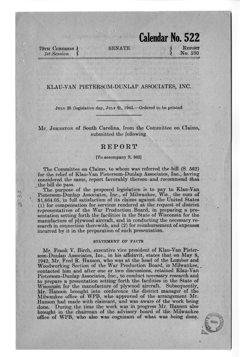 Memorandum from Paul H. Appleby to M. C. Latta, S. 562, For the Relief of Klau-Van Pietersom-Dunlap Associates, Incorporated, with Attachments