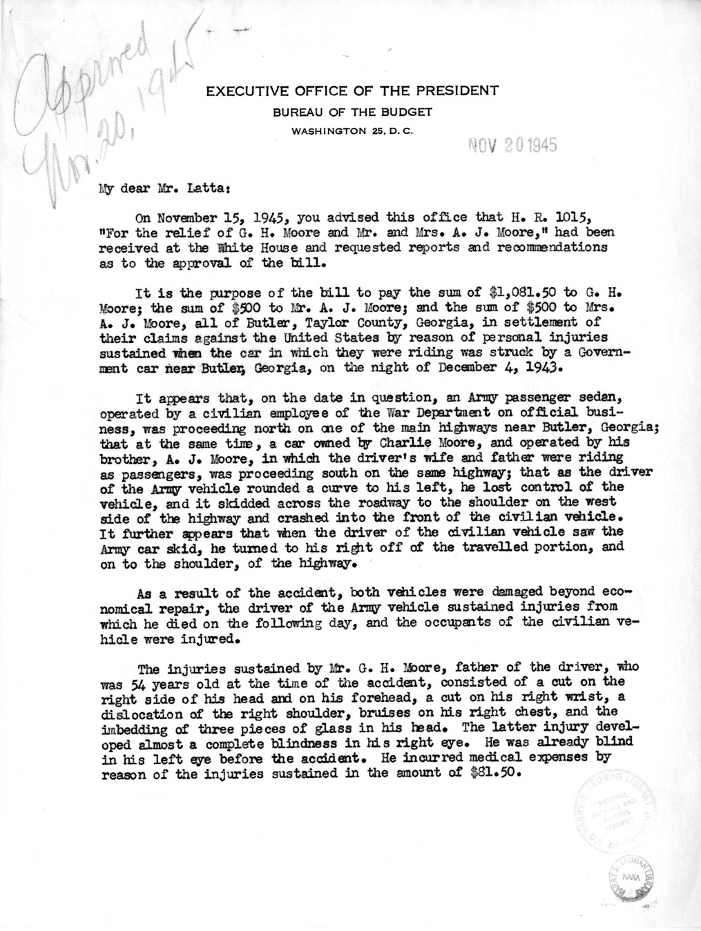 Memorandum from Frederick J. Bailey to M. C. Latta, H.R. 1015, For the Relief of G. H. Moore and Mr. and Mrs. A. J. Moore, with Attachments