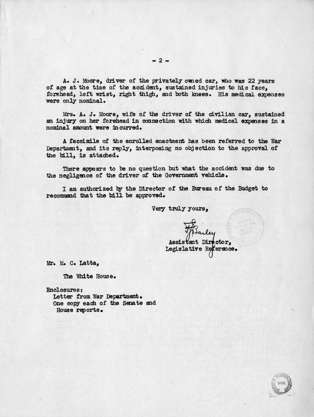 Memorandum from Frederick J. Bailey to M. C. Latta, H.R. 1015, For the Relief of G. H. Moore and Mr. and Mrs. A. J. Moore, with Attachments