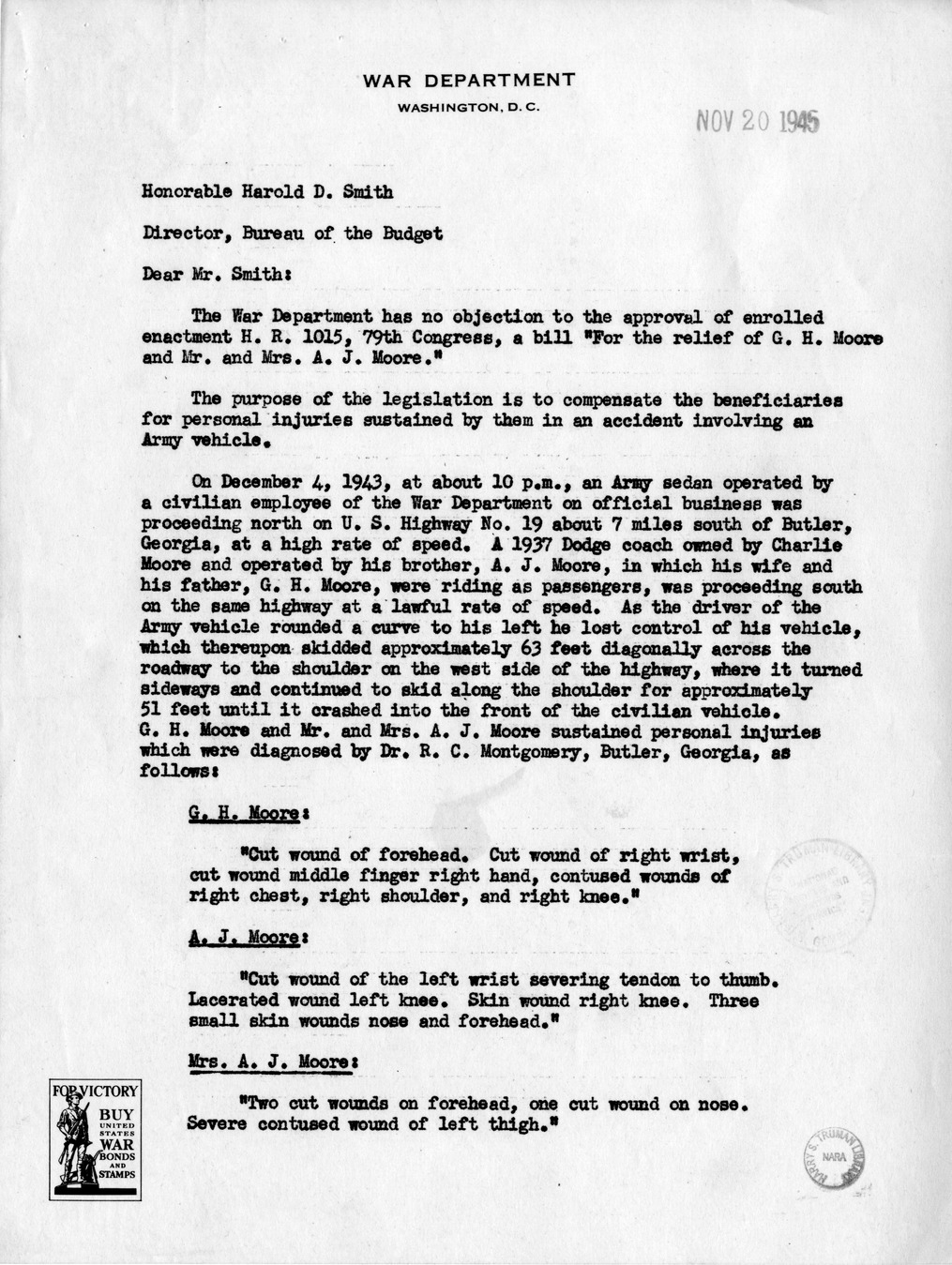 Memorandum from Frederick J. Bailey to M. C. Latta, H.R. 1015, For the Relief of G. H. Moore and Mr. and Mrs. A. J. Moore, with Attachments