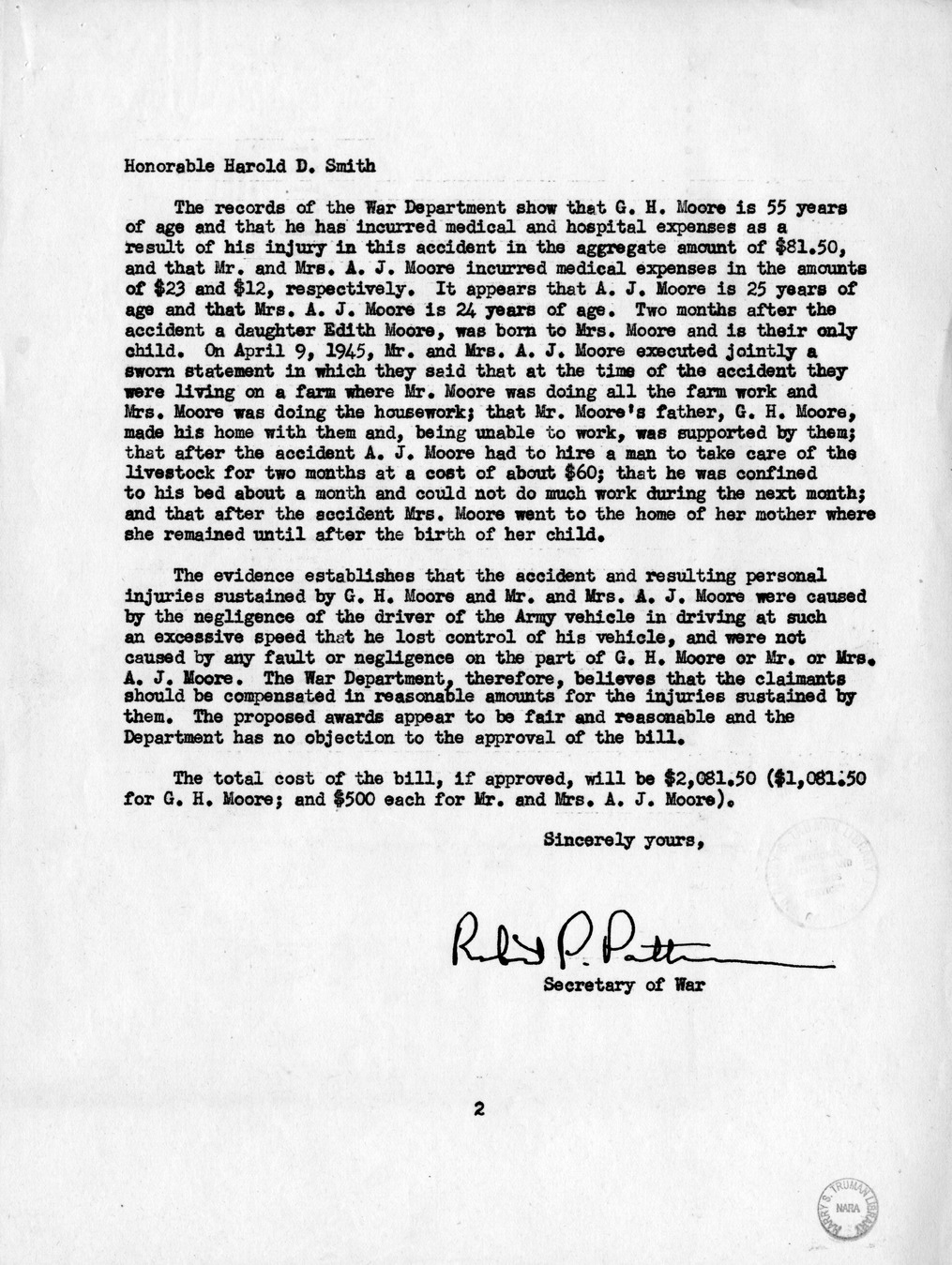 Memorandum from Frederick J. Bailey to M. C. Latta, H.R. 1015, For the Relief of G. H. Moore and Mr. and Mrs. A. J. Moore, with Attachments