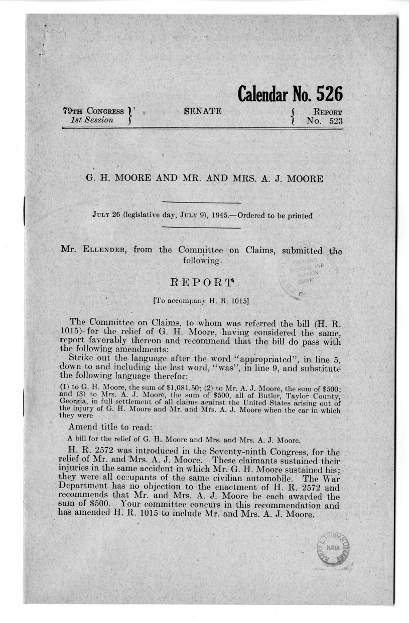 Memorandum from Frederick J. Bailey to M. C. Latta, H.R. 1015, For the Relief of G. H. Moore and Mr. and Mrs. A. J. Moore, with Attachments