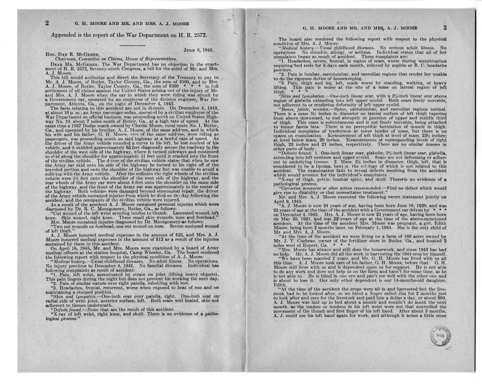 Memorandum from Frederick J. Bailey to M. C. Latta, H.R. 1015, For the Relief of G. H. Moore and Mr. and Mrs. A. J. Moore, with Attachments