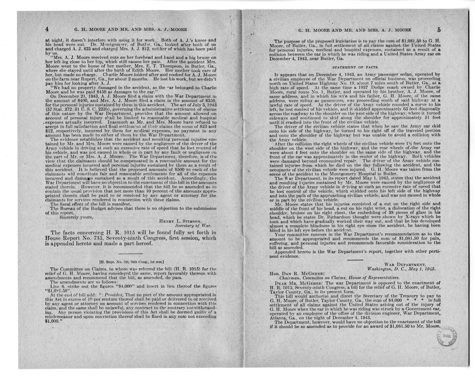 Memorandum from Frederick J. Bailey to M. C. Latta, H.R. 1015, For the Relief of G. H. Moore and Mr. and Mrs. A. J. Moore, with Attachments