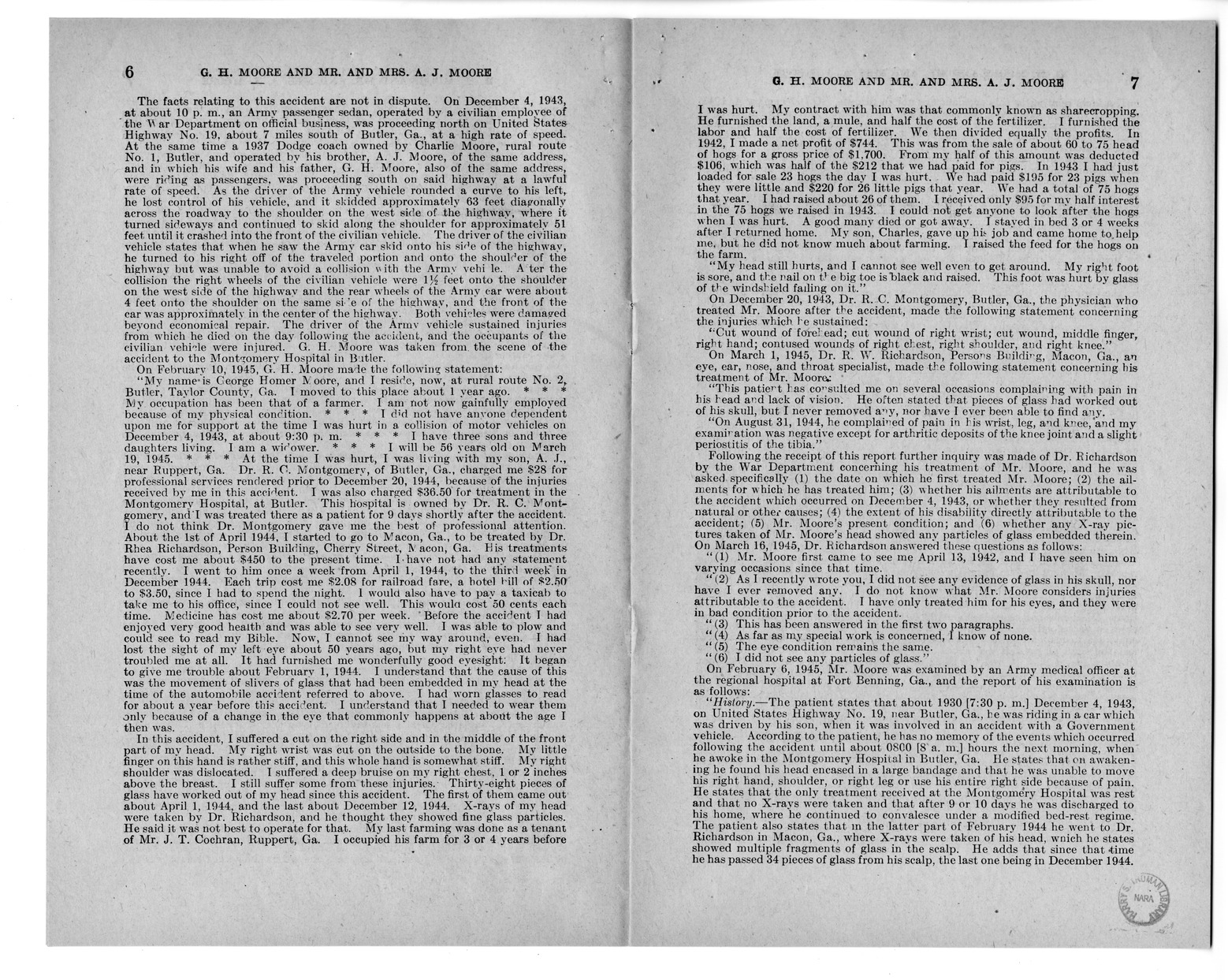 Memorandum from Frederick J. Bailey to M. C. Latta, H.R. 1015, For the Relief of G. H. Moore and Mr. and Mrs. A. J. Moore, with Attachments