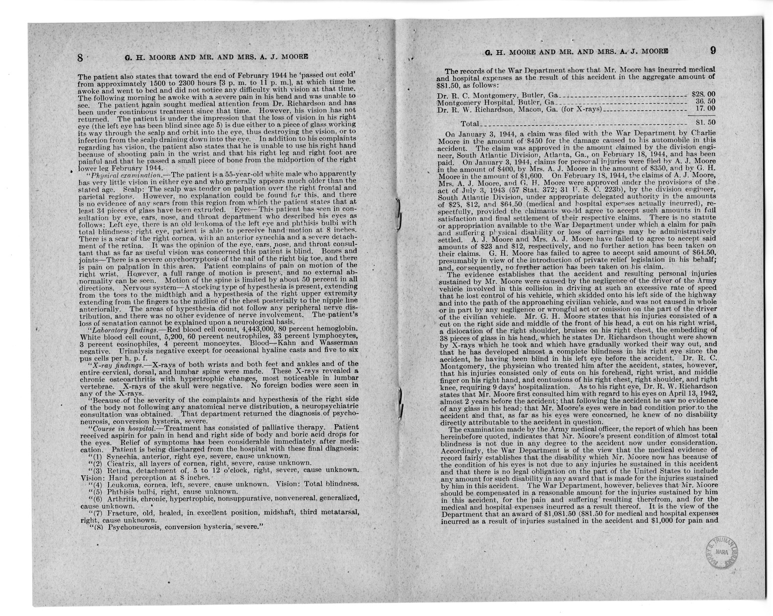 Memorandum from Frederick J. Bailey to M. C. Latta, H.R. 1015, For the Relief of G. H. Moore and Mr. and Mrs. A. J. Moore, with Attachments