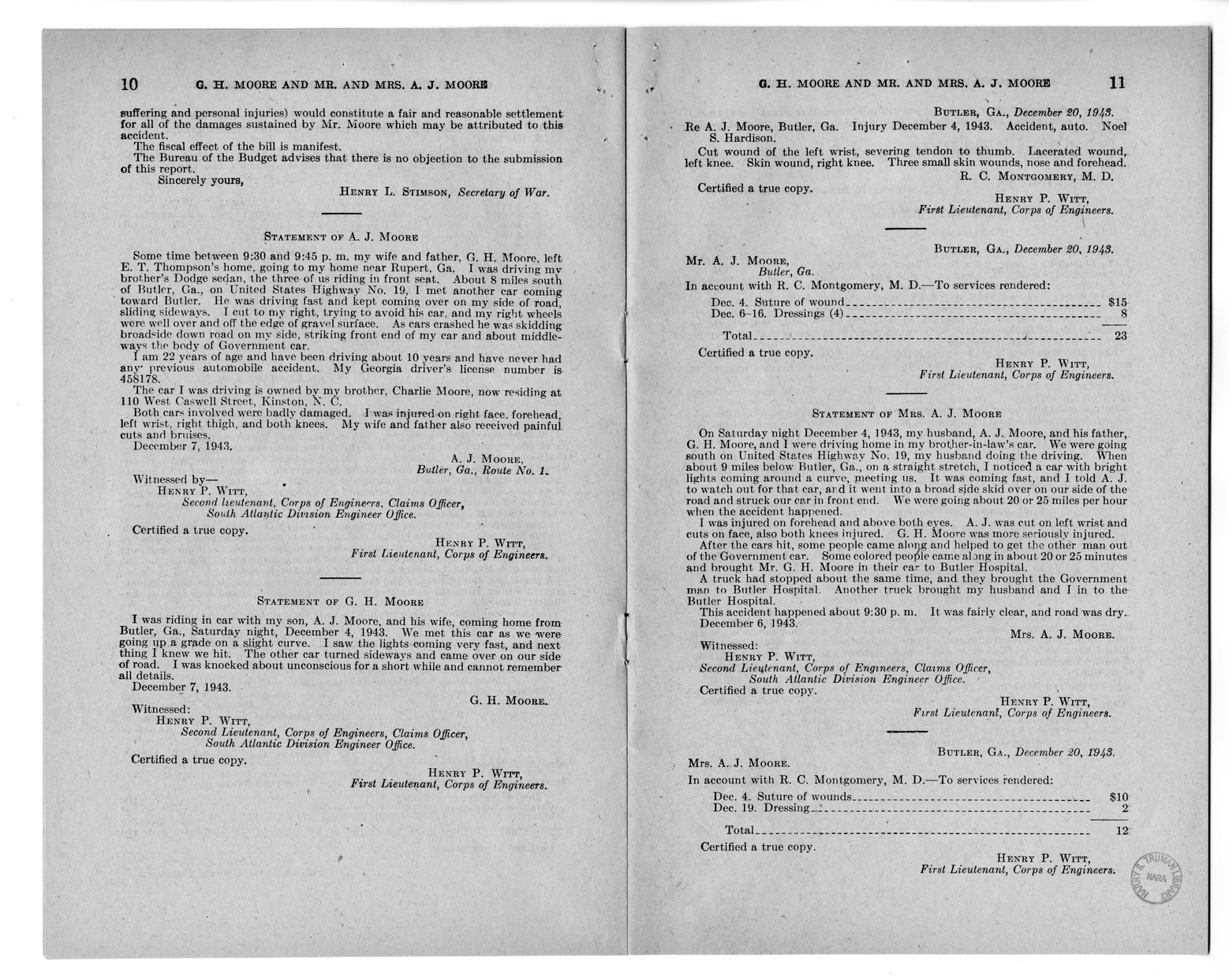 Memorandum from Frederick J. Bailey to M. C. Latta, H.R. 1015, For the Relief of G. H. Moore and Mr. and Mrs. A. J. Moore, with Attachments