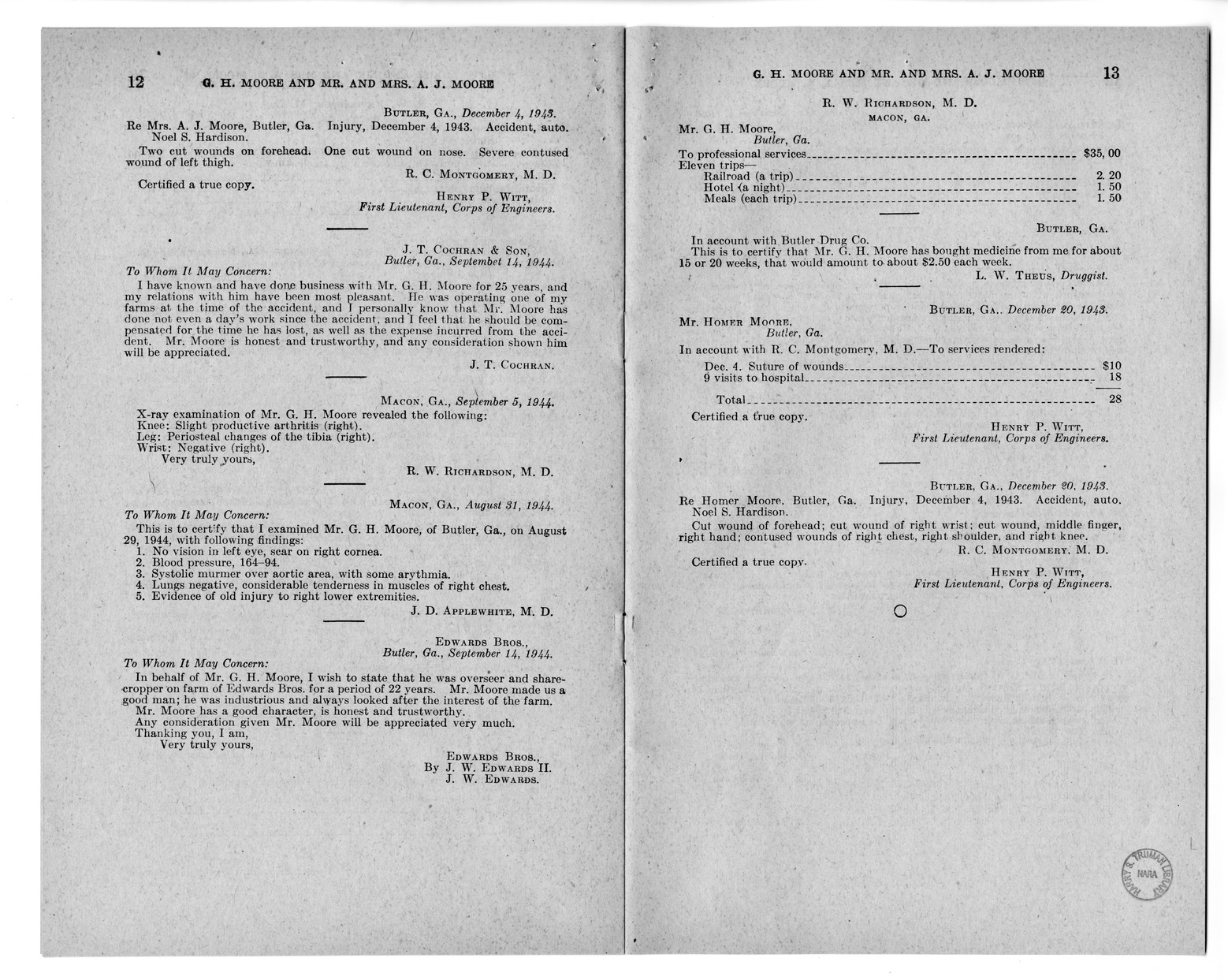 Memorandum from Frederick J. Bailey to M. C. Latta, H.R. 1015, For the Relief of G. H. Moore and Mr. and Mrs. A. J. Moore, with Attachments