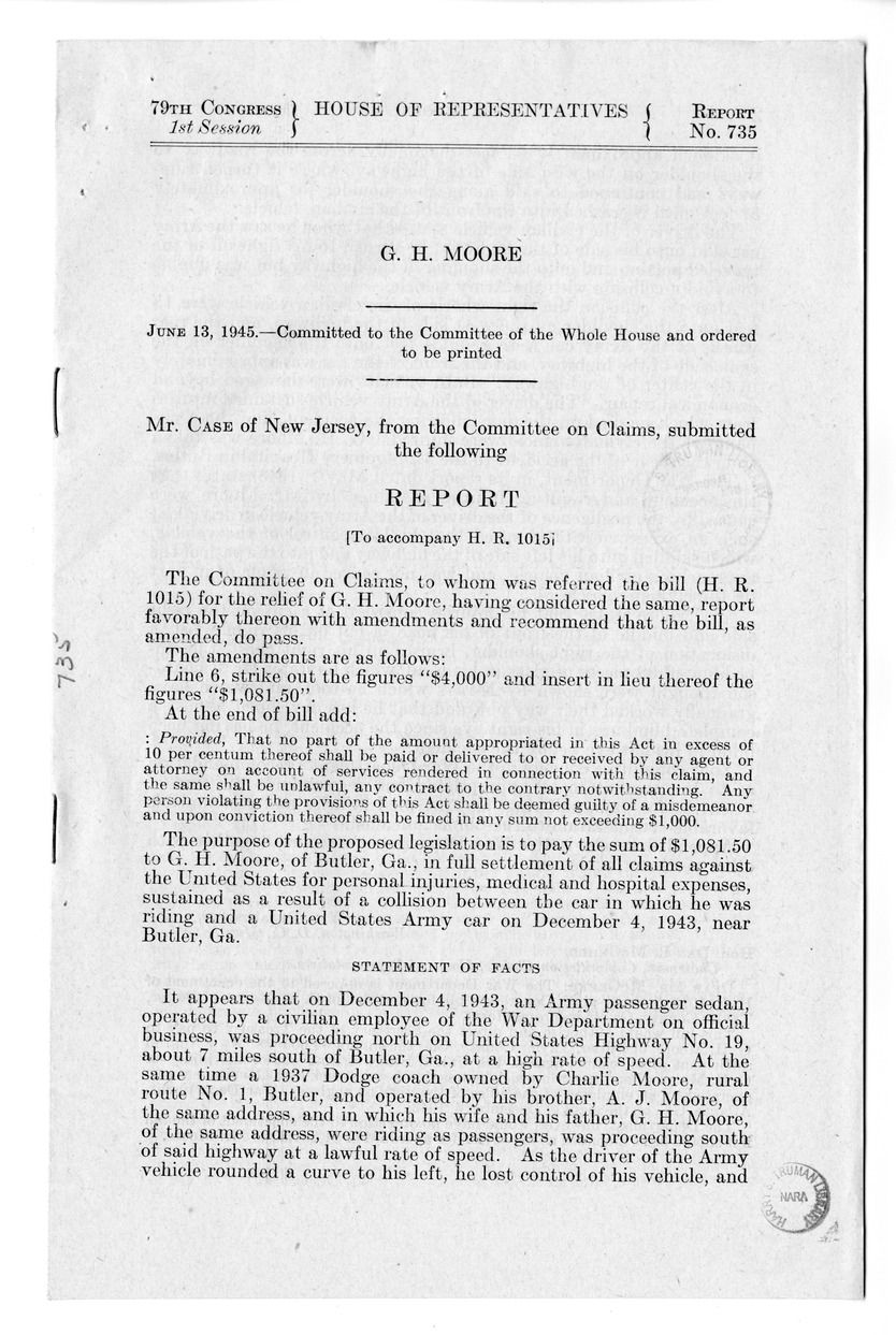 Memorandum from Frederick J. Bailey to M. C. Latta, H.R. 1015, For the Relief of G. H. Moore and Mr. and Mrs. A. J. Moore, with Attachments