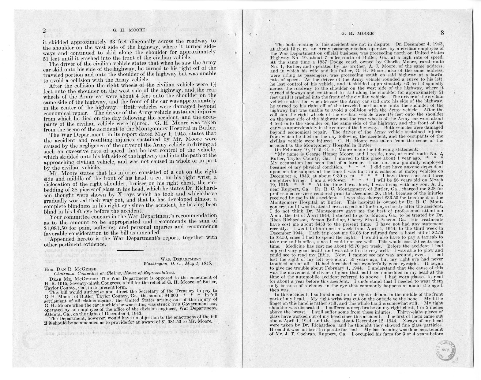 Memorandum from Frederick J. Bailey to M. C. Latta, H.R. 1015, For the Relief of G. H. Moore and Mr. and Mrs. A. J. Moore, with Attachments