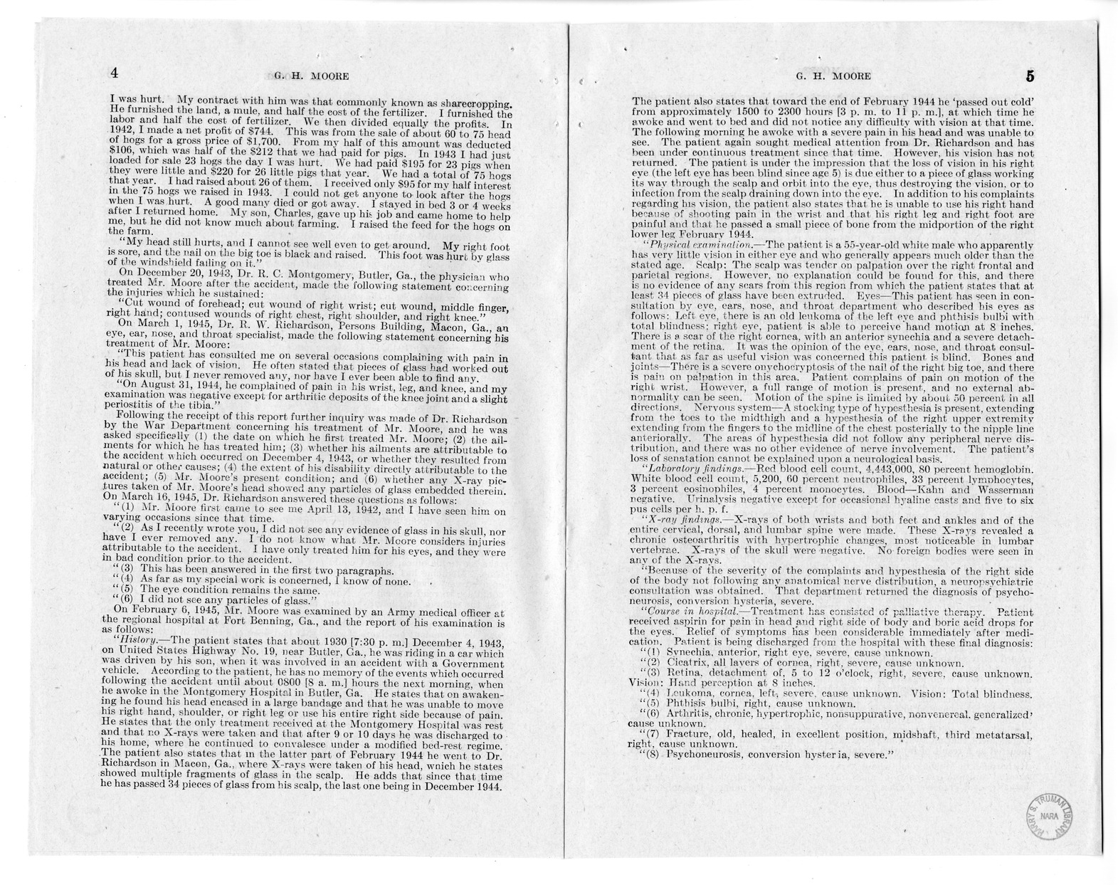 Memorandum from Frederick J. Bailey to M. C. Latta, H.R. 1015, For the Relief of G. H. Moore and Mr. and Mrs. A. J. Moore, with Attachments