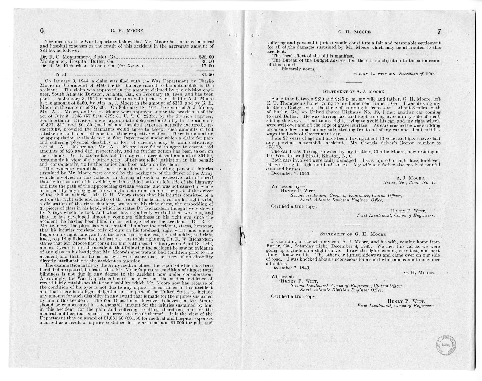 Memorandum from Frederick J. Bailey to M. C. Latta, H.R. 1015, For the Relief of G. H. Moore and Mr. and Mrs. A. J. Moore, with Attachments