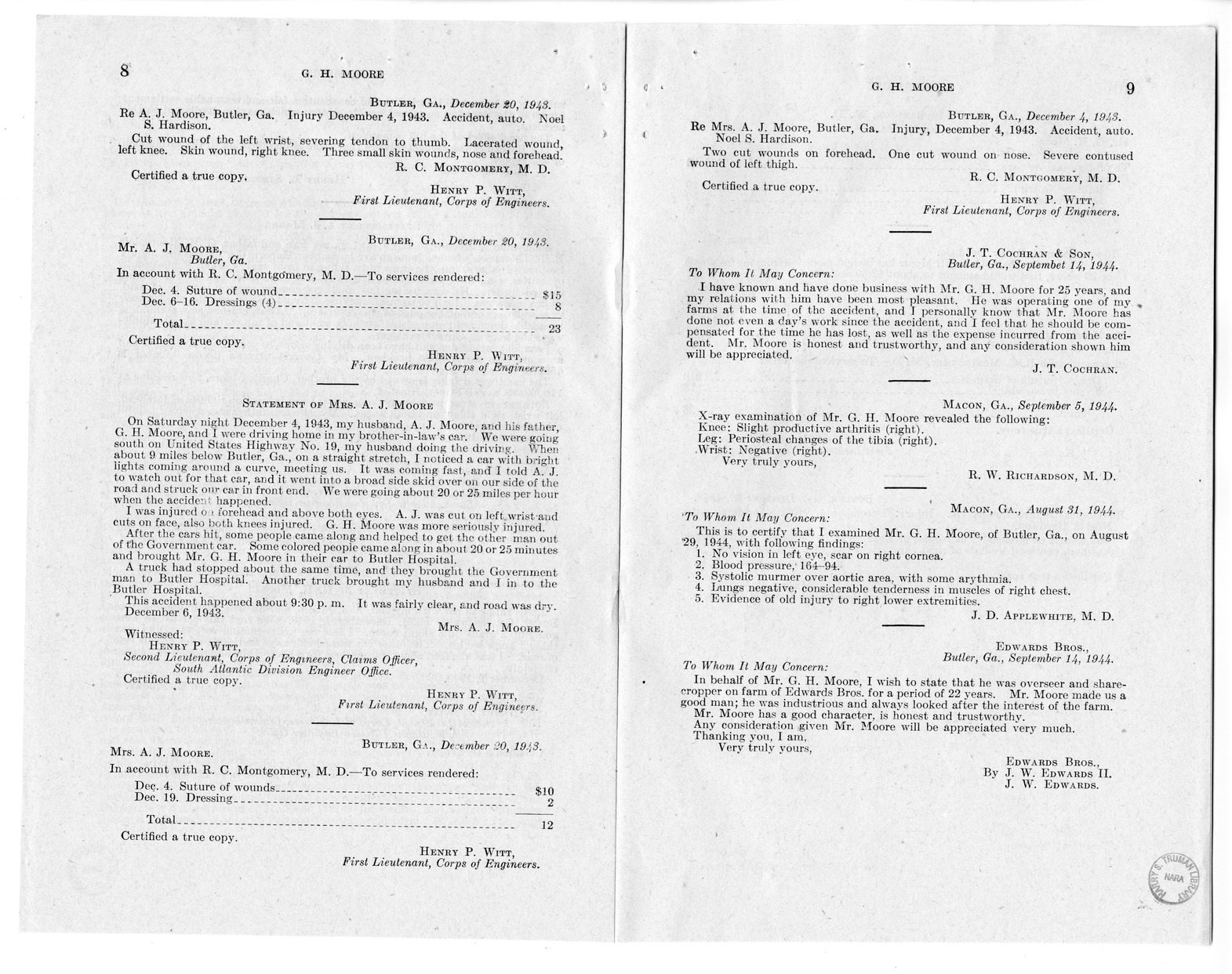 Memorandum from Frederick J. Bailey to M. C. Latta, H.R. 1015, For the Relief of G. H. Moore and Mr. and Mrs. A. J. Moore, with Attachments