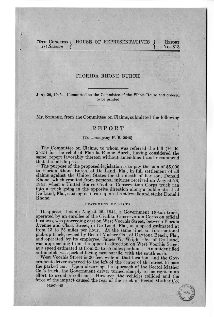 Memorandum from Frederick J. Bailey to M. C. Latta, H.R. 2545, For the Relief of the Estate of Donald Rhone, with Attachments