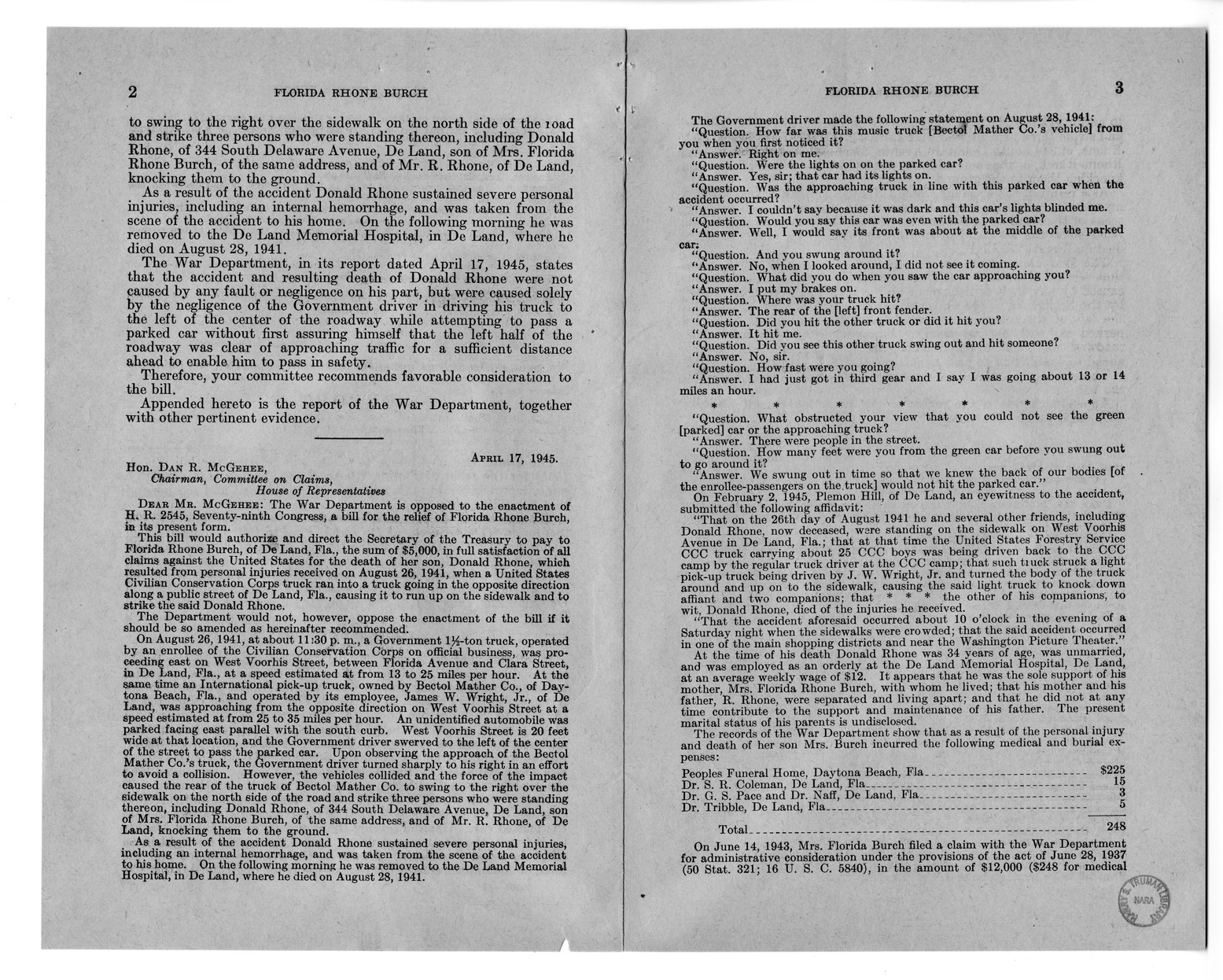 Memorandum from Frederick J. Bailey to M. C. Latta, H.R. 2545, For the Relief of the Estate of Donald Rhone, with Attachments