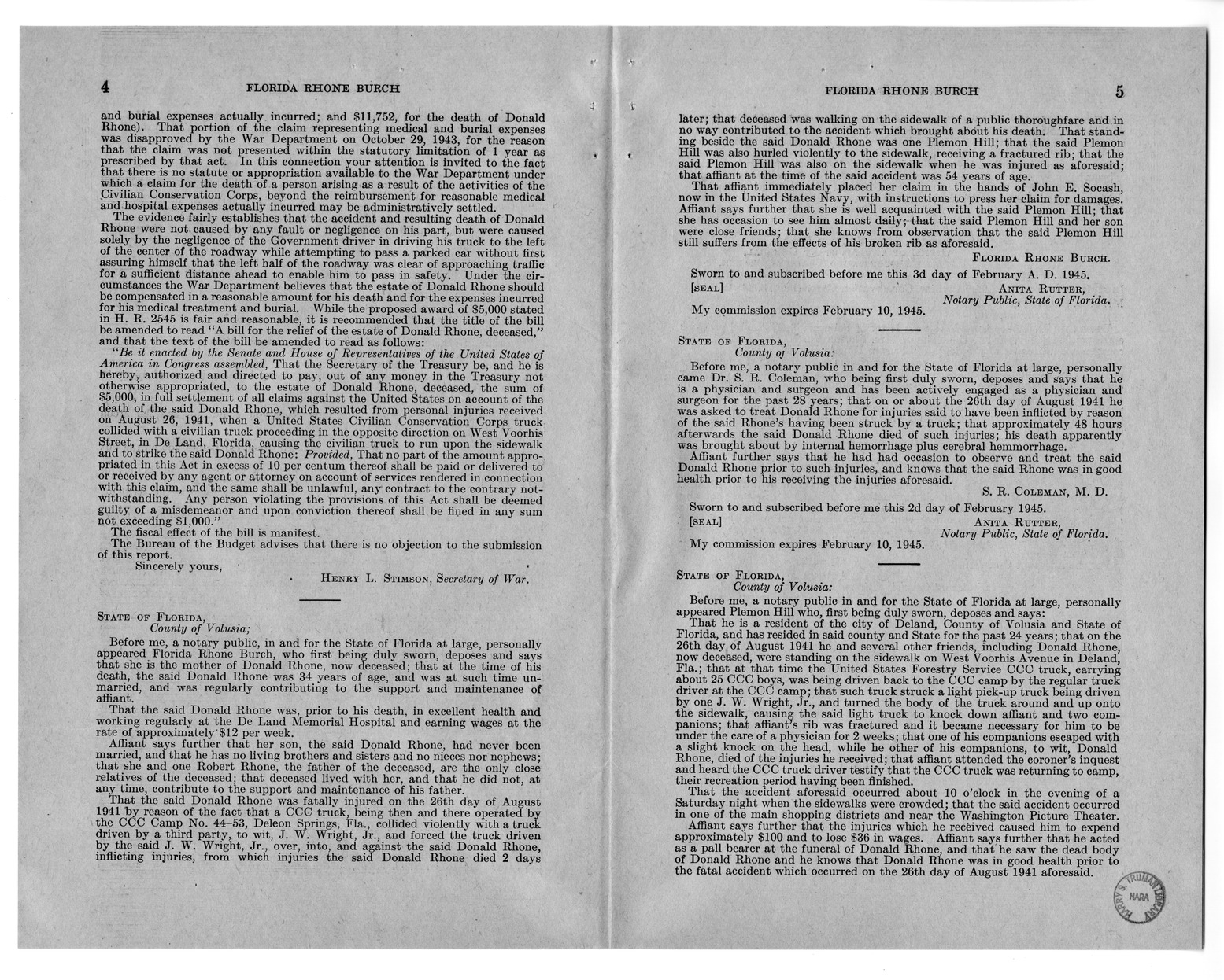 Memorandum from Frederick J. Bailey to M. C. Latta, H.R. 2545, For the Relief of the Estate of Donald Rhone, with Attachments