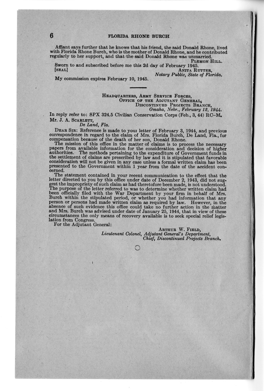 Memorandum from Frederick J. Bailey to M. C. Latta, H.R. 2545, For the Relief of the Estate of Donald Rhone, with Attachments