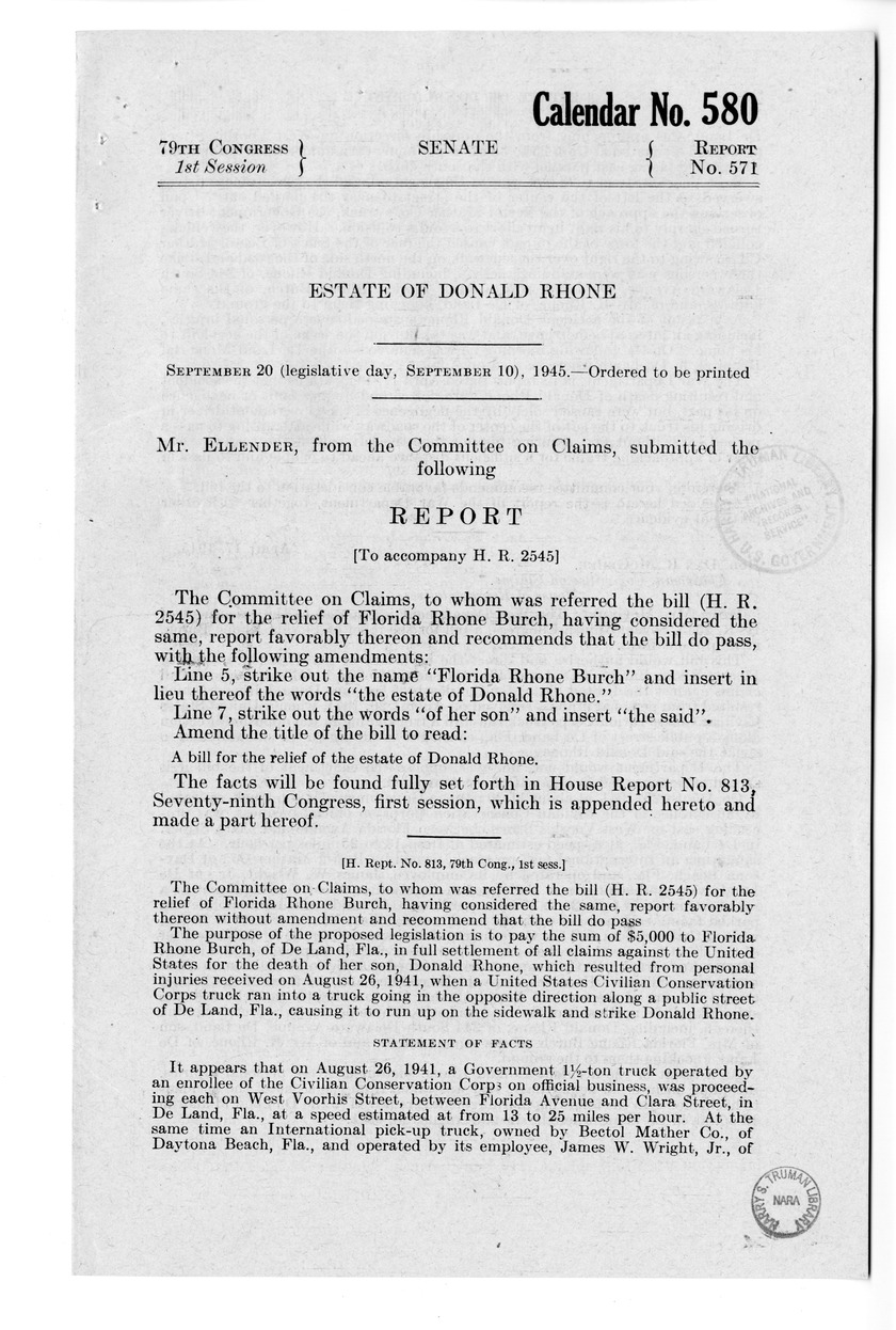 Memorandum from Frederick J. Bailey to M. C. Latta, H.R. 2545, For the Relief of the Estate of Donald Rhone, with Attachments