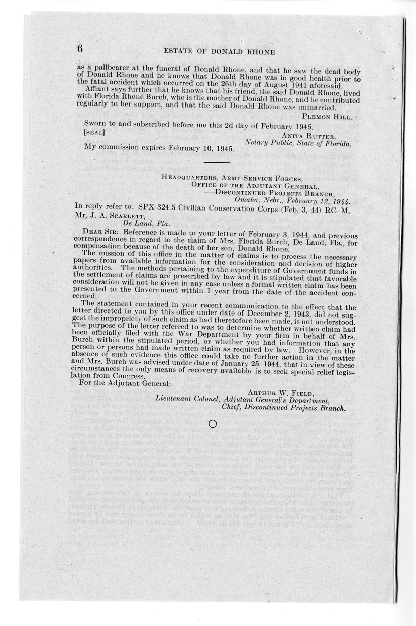 Memorandum from Frederick J. Bailey to M. C. Latta, H.R. 2545, For the Relief of the Estate of Donald Rhone, with Attachments