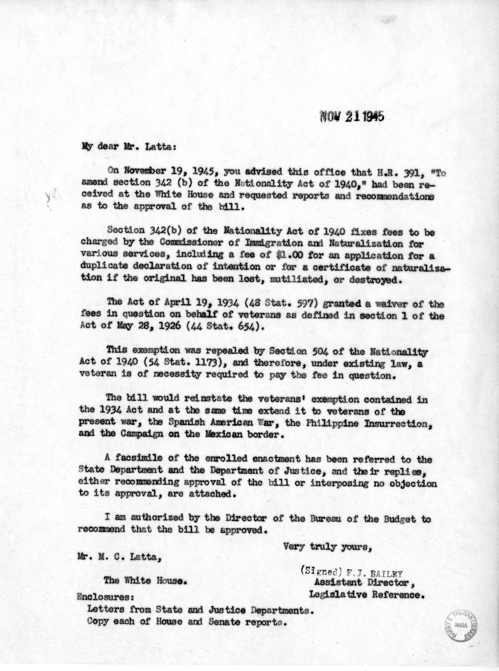 Memorandum from Frederick J. Bailey to M. C. Latta, H.R. 391, To Amend Section 342 (B) of the Nationality Act of 1940, with Attachments