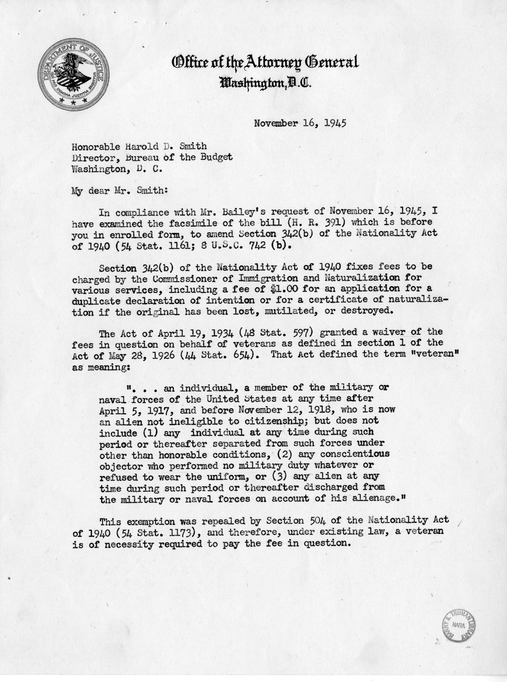 Memorandum from Frederick J. Bailey to M. C. Latta, H.R. 391, To Amend Section 342 (B) of the Nationality Act of 1940, with Attachments