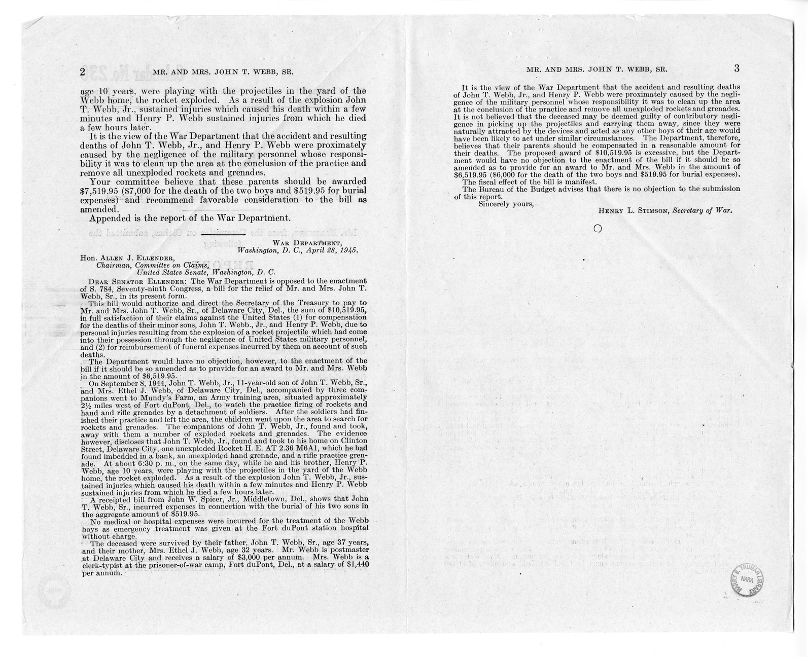 Memorandum from Frederick J. Bailey to M. C. Latta, S. 784, For the Relief of Mr. and Mrs. John T. Webb, Senior, with Attachments