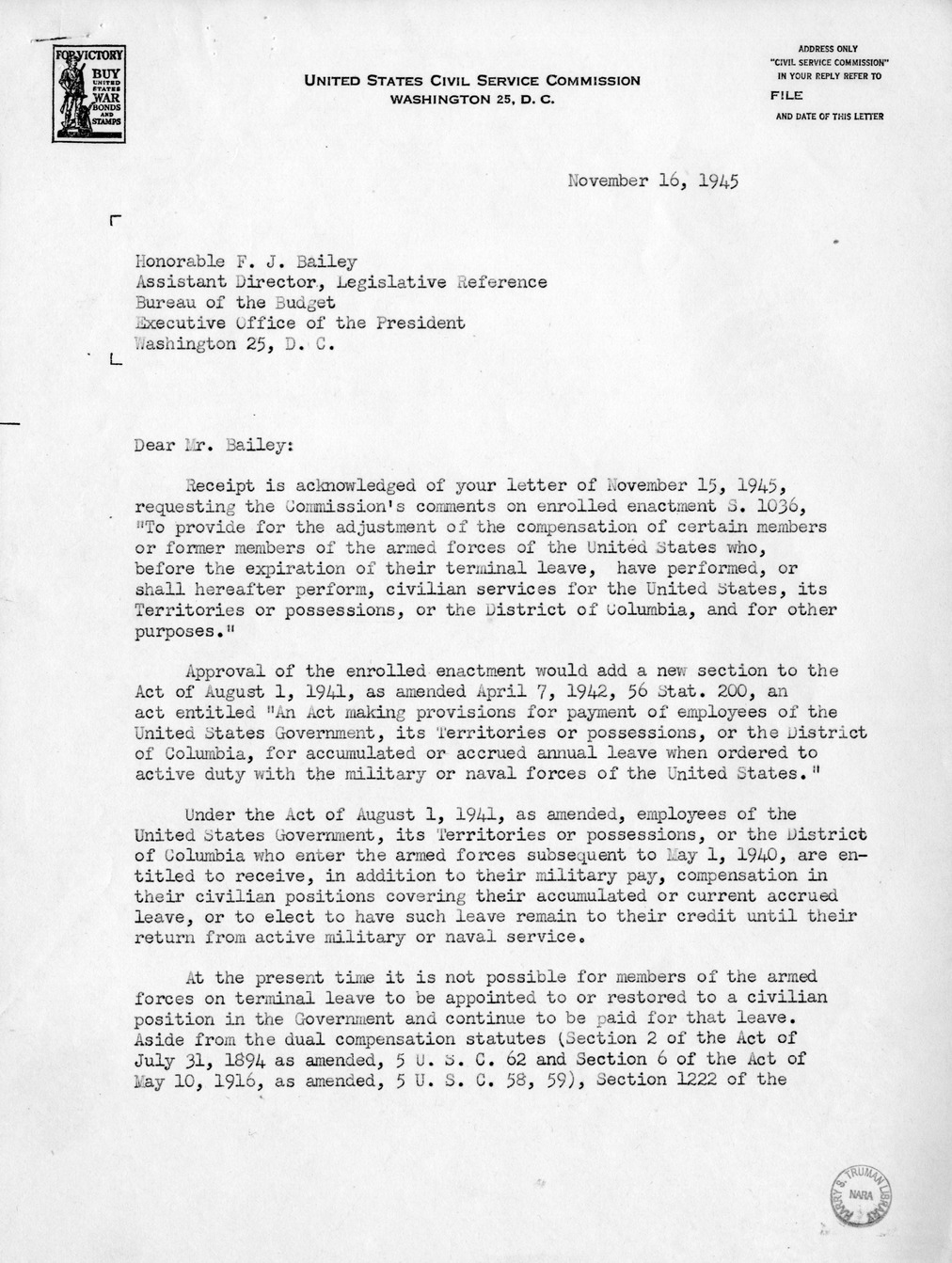 Memorandum from Harold D. Smith to M. C. Latta, S. 1036, To Provide for the Adjustment of Compensation of Certain Members or Former Members of the Armed Forces of the United States Who, Before the Expiration of Their Terminal Leave, Have Performed, or Shall Hereafter Perform, Civilian Services for the United States, with Attachments