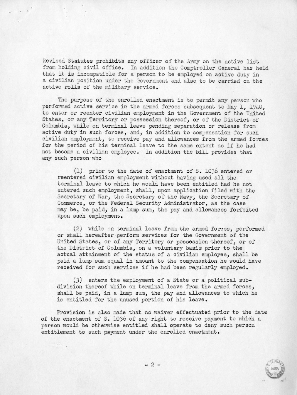 Memorandum from Harold D. Smith to M. C. Latta, S. 1036, To Provide for the Adjustment of Compensation of Certain Members or Former Members of the Armed Forces of the United States Who, Before the Expiration of Their Terminal Leave, Have Performed, or Shall Hereafter Perform, Civilian Services for the United States, with Attachments