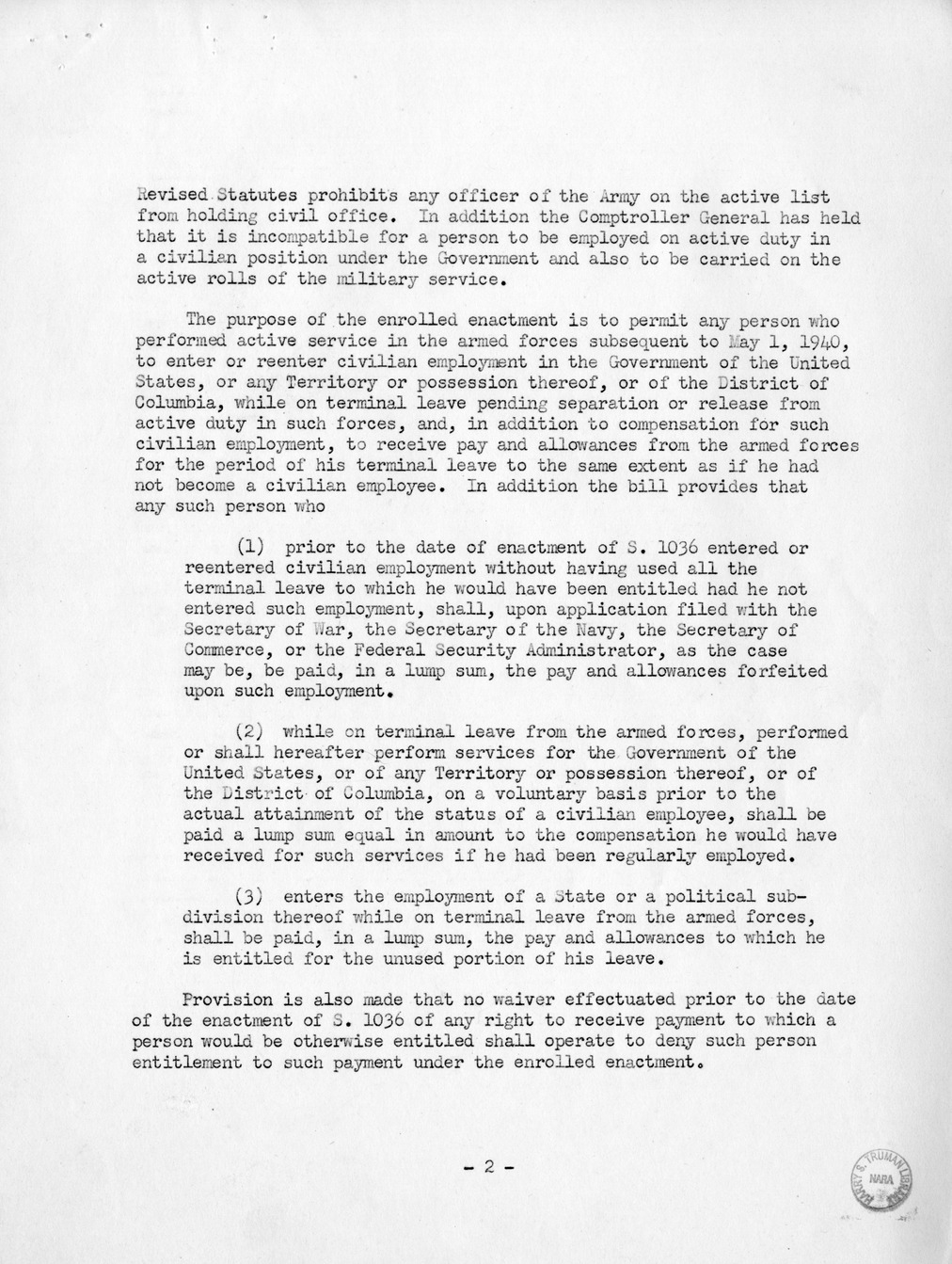 Memorandum from Harold D. Smith to M. C. Latta, S. 1036, To Provide for the Adjustment of Compensation of Certain Members or Former Members of the Armed Forces of the United States Who, Before the Expiration of Their Terminal Leave, Have Performed, or Shall Hereafter Perform, Civilian Services for the United States, with Attachments