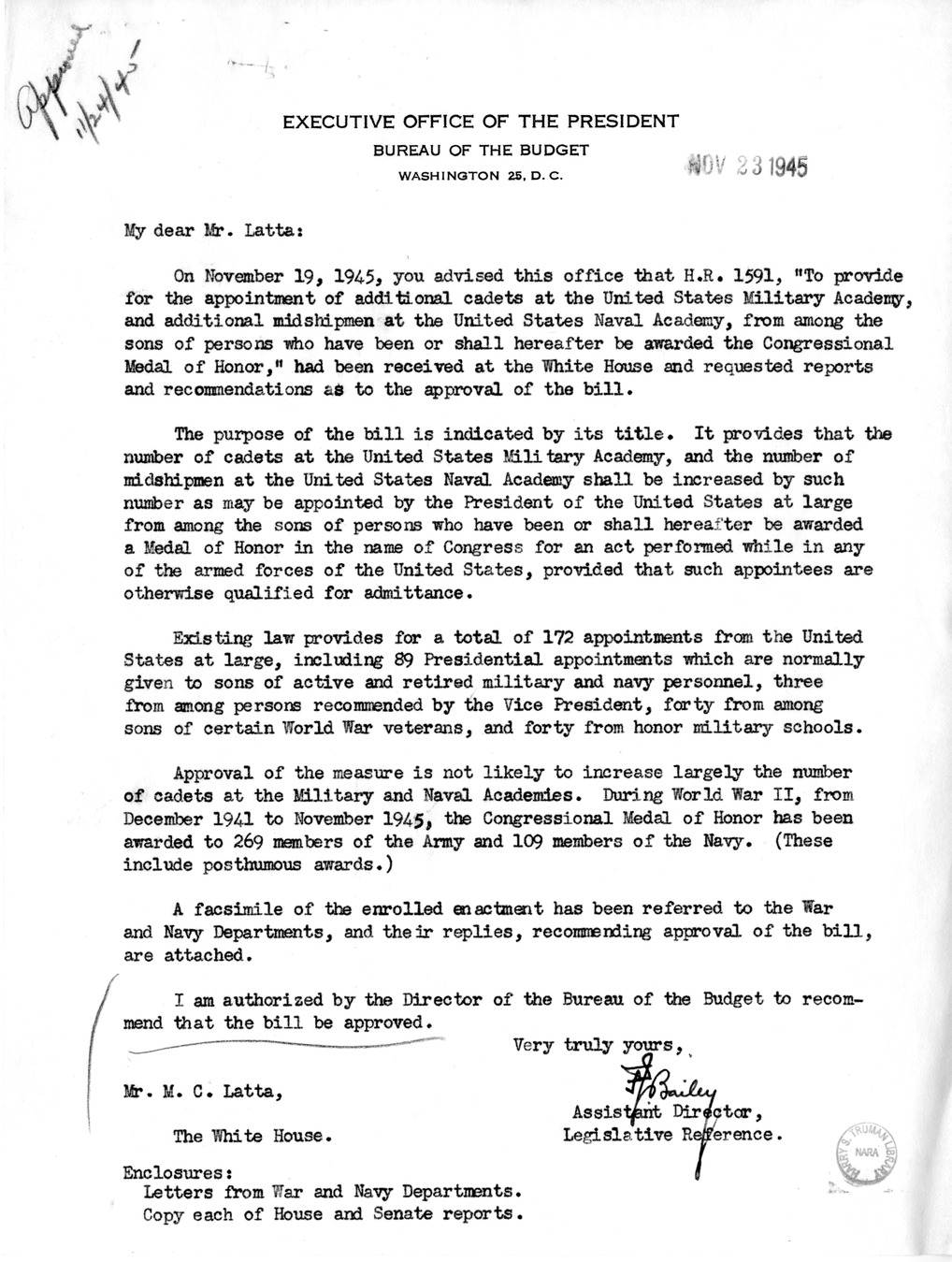 Memorandum from Frederick J. Bailey to M. C. Latta, H.R. 1591, To Provide for the Appointment of Additional Cadets at the United States Military Academy, and Additional Midshipmen at the United States Naval Academy, From Among the Sons of Persons Who Have Been or Shall Hereafter Be Awarded the Congressional Medal of Honor, with Attachments