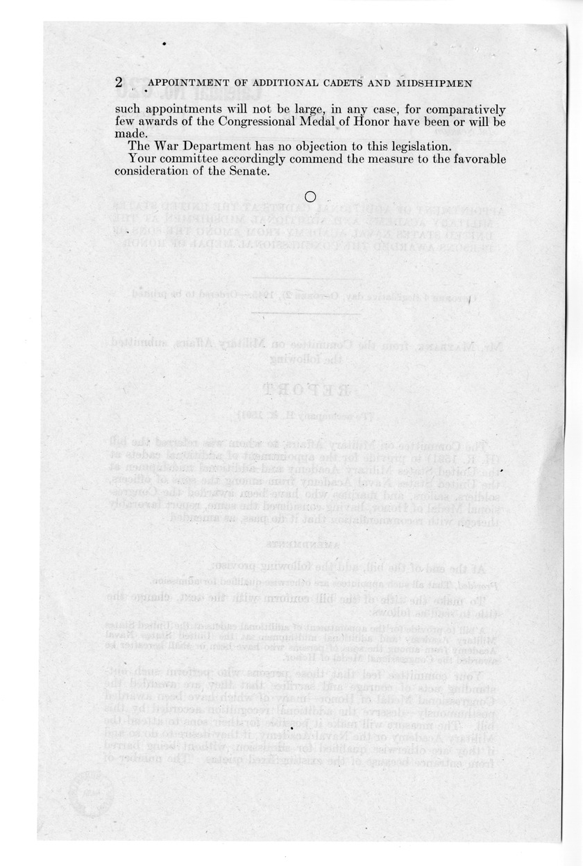 Memorandum from Frederick J. Bailey to M. C. Latta, H.R. 1591, To Provide for the Appointment of Additional Cadets at the United States Military Academy, and Additional Midshipmen at the United States Naval Academy, From Among the Sons of Persons Who Have Been or Shall Hereafter Be Awarded the Congressional Medal of Honor, with Attachments
