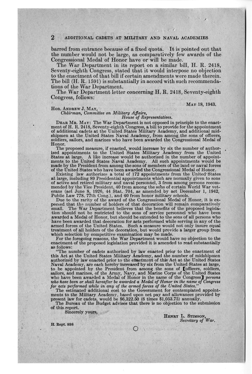 Memorandum from Frederick J. Bailey to M. C. Latta, H.R. 1591, To Provide for the Appointment of Additional Cadets at the United States Military Academy, and Additional Midshipmen at the United States Naval Academy, From Among the Sons of Persons Who Have Been or Shall Hereafter Be Awarded the Congressional Medal of Honor, with Attachments