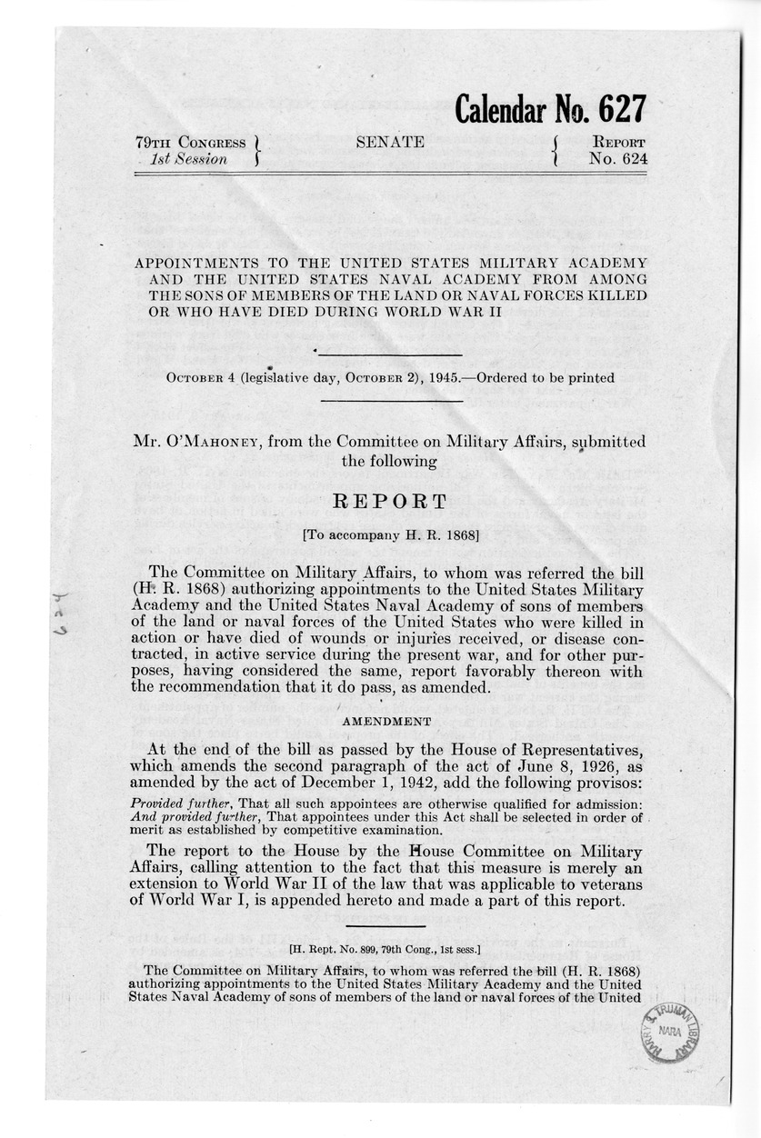 Memorandum from Frederick J. Bailey to M. C. Latta, H.R. 1868, Authorizing Appointments to the United States Military Academy and the United States Naval Academy of Sons of Members of the Land or Naval Forces of the United States who were Killed in Action During the Present War, with Attachments