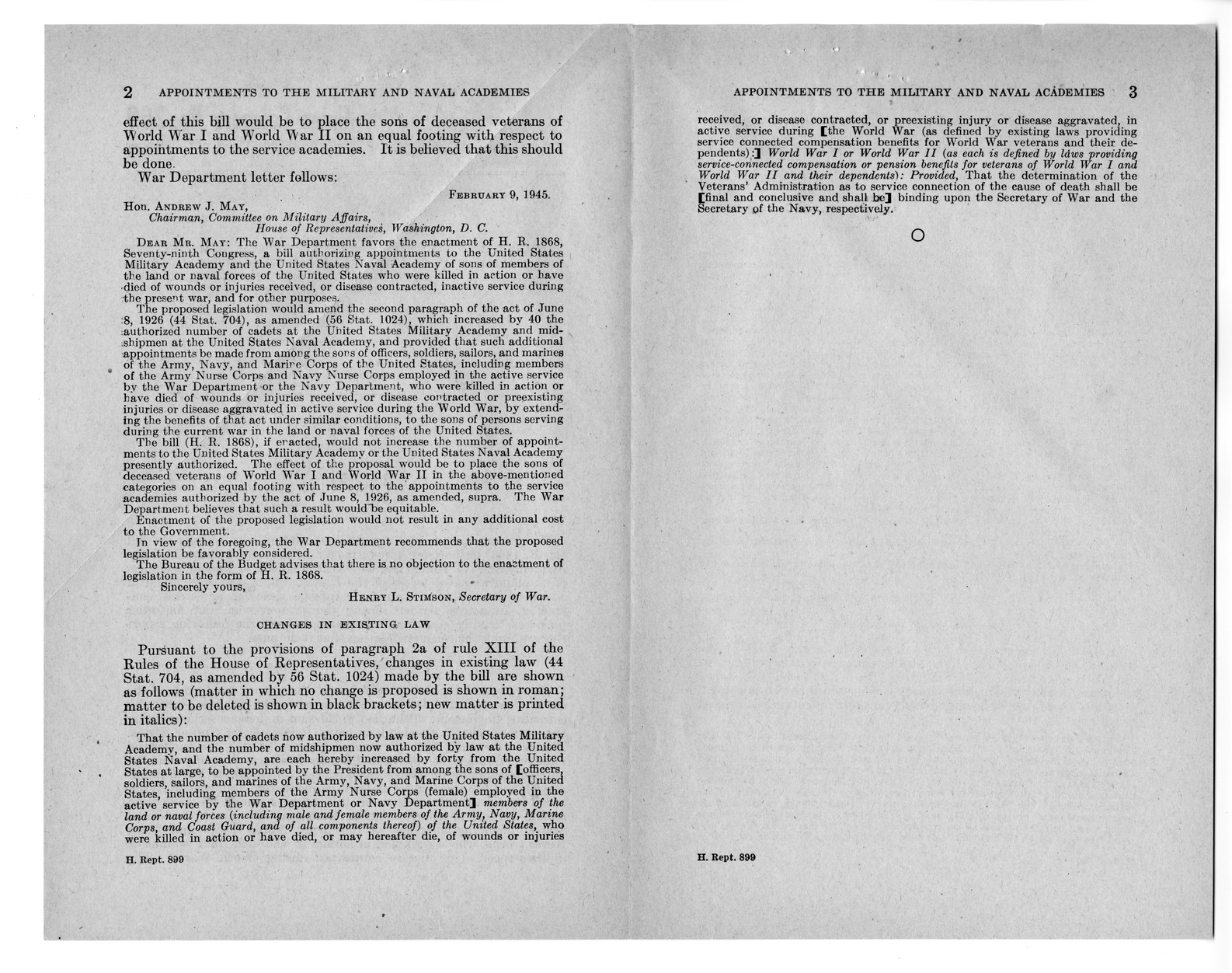 Memorandum from Frederick J. Bailey to M. C. Latta, H.R. 1868, Authorizing Appointments to the United States Military Academy and the United States Naval Academy of Sons of Members of the Land or Naval Forces of the United States who were Killed in Action During the Present War, with Attachments